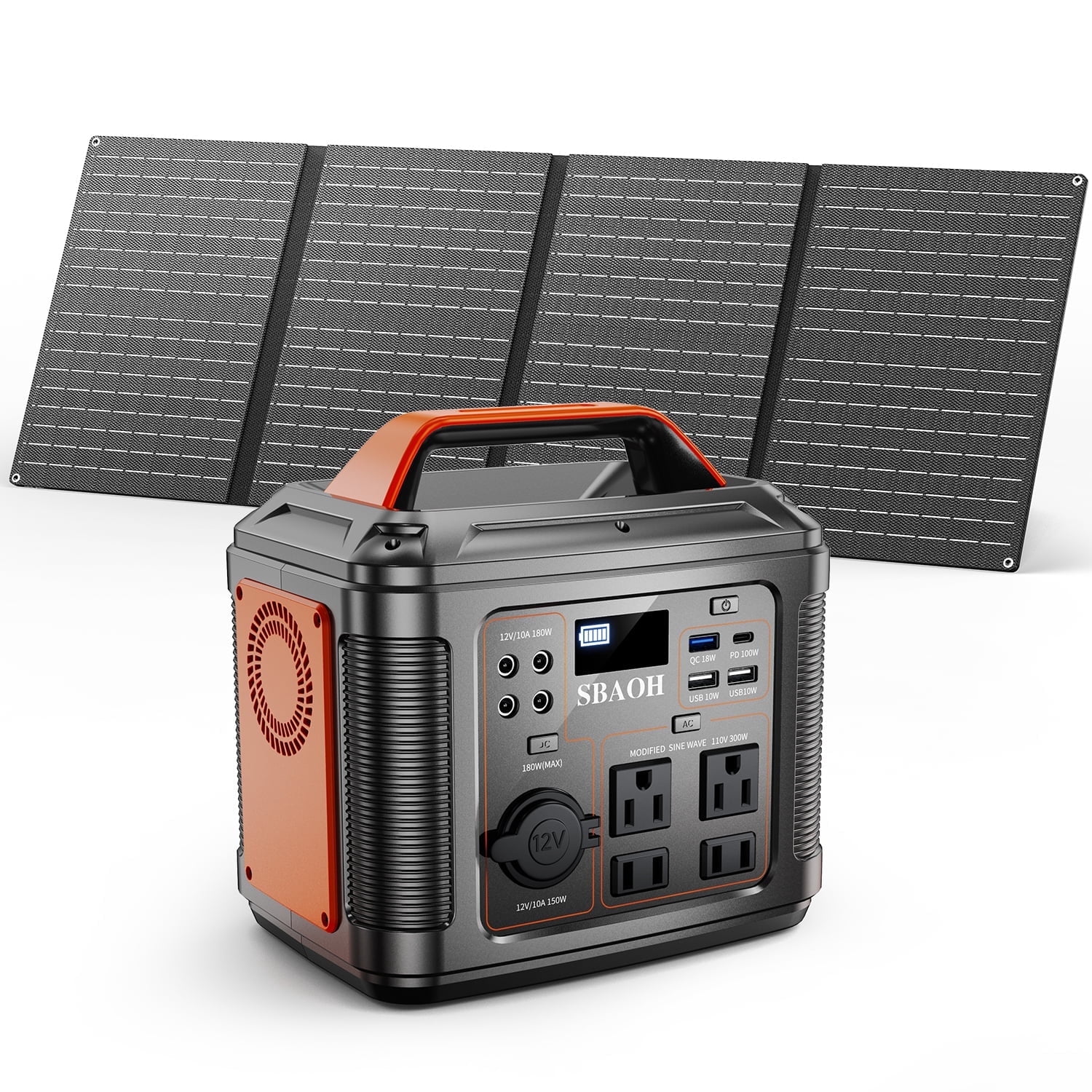 SBAOH 300W Portable Power Station Solar Generator with Solar Panel, Lithium Battery Backup for Outdoor Camping and Home Emergency (Black, 296Wh) pbbzg