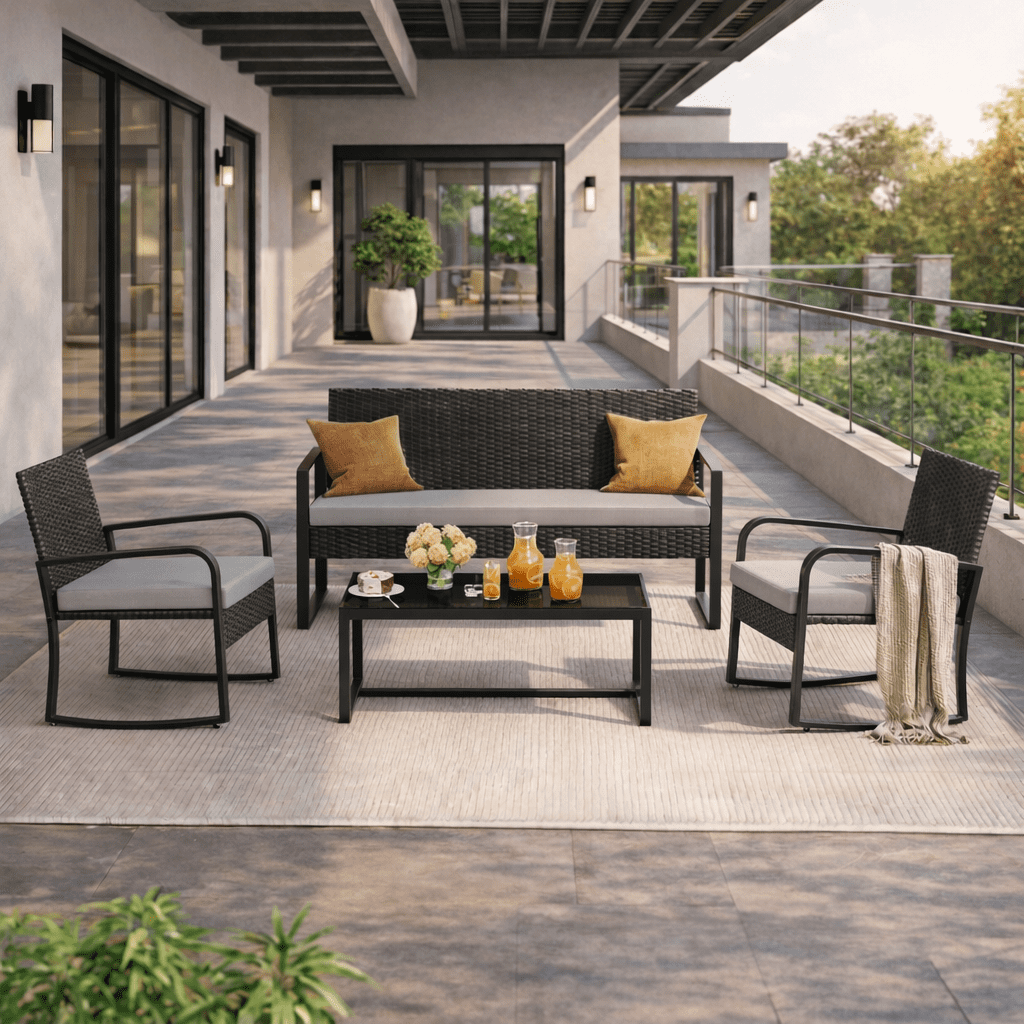 Aiho 4-Piece Patio Furniture Set All-Weather Steel Outdoor Seating with Tempered Glass Coffee Table (Dark Grey, 4-Piece) yiqm9