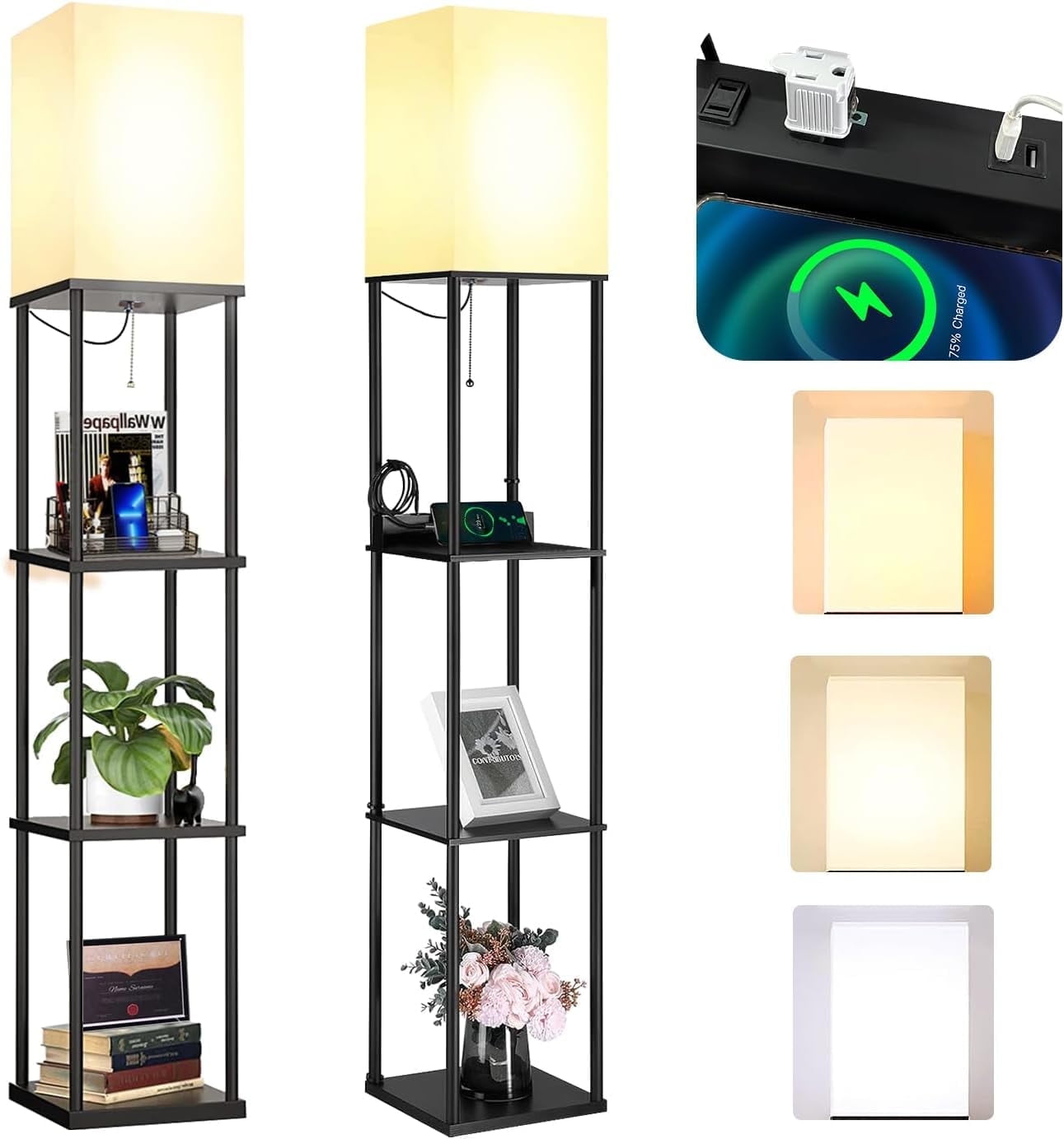 NUNET Floor Lamp with Shelves, 3-Tier Storage Organizer, 2AC Outlets & 2USB Ports, 3 Color Temperature LED (White, 2PK) 0dd17