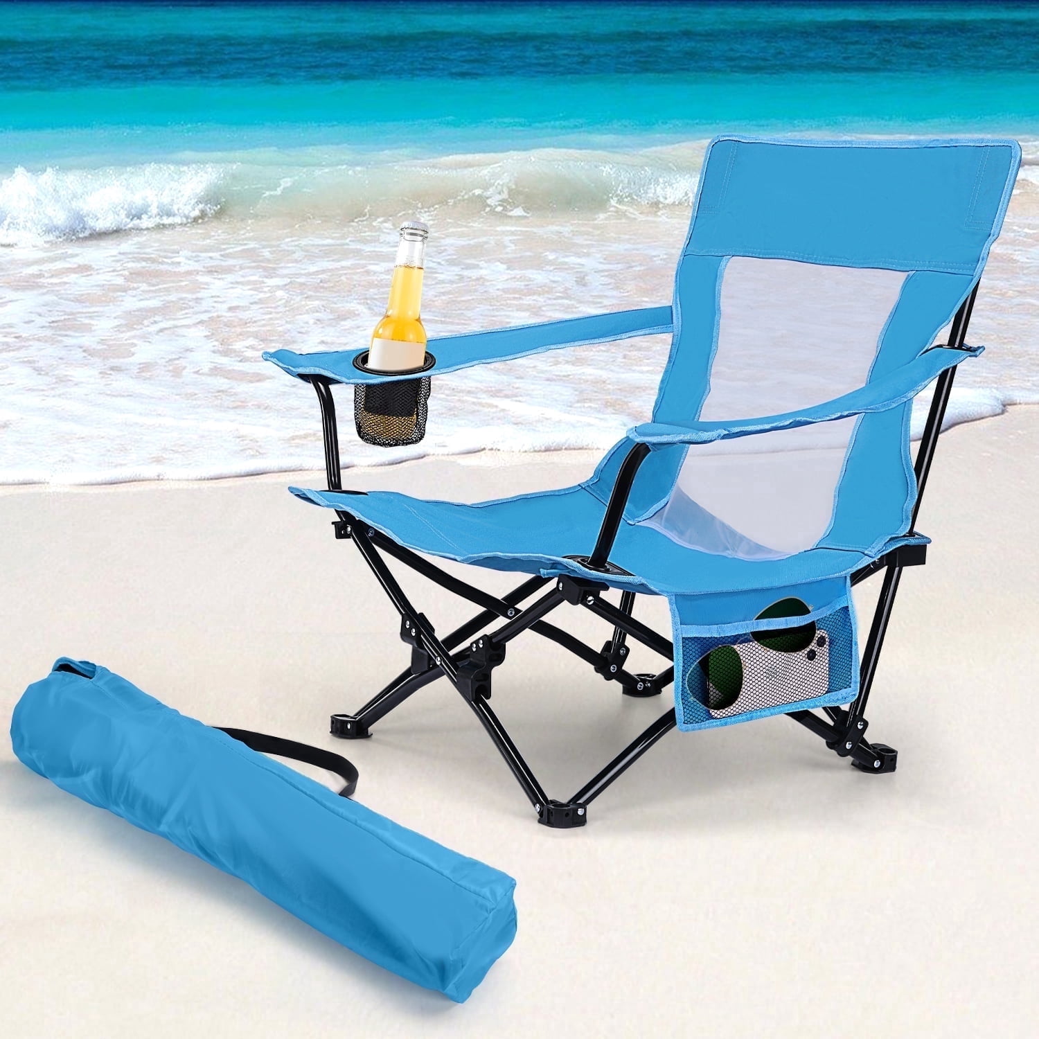 Coliware Folding Backpack Beach Chair, Heavy-Duty Portable Camping Chair with Cup Holder (Blue, 17.5 x 17.7 x 26.2 in) 21um3