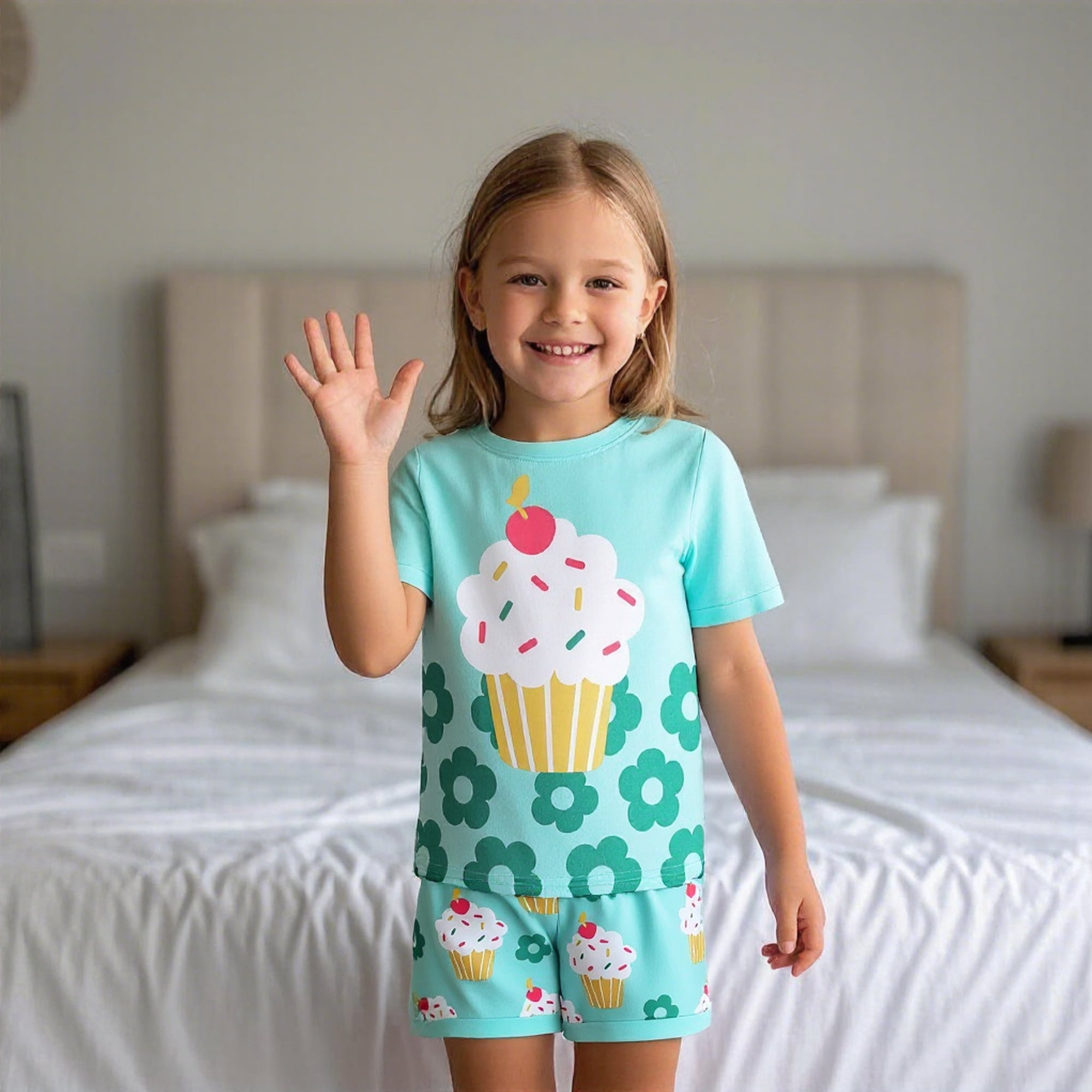 POPTEM Toddler Girls Pajamas Cupcake Print Cotton Short Sleeve Sleepwear Set (Mint Green, 2T) olgkl