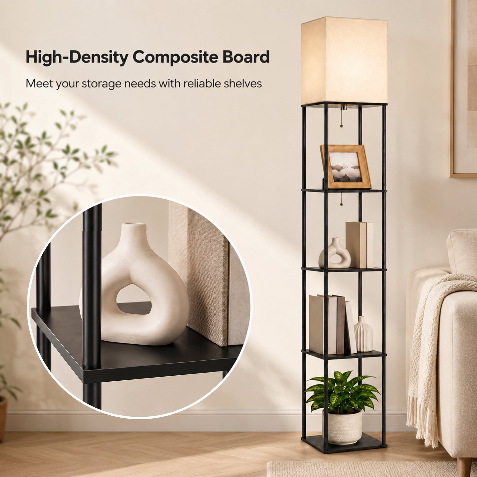 DAYBETTER 4-Tier Floor Lamp with Shelves, Modern Corner Bookshelf Lamp with 3-Color Temperature LED Bulb (Black, 69 in) zbfyx