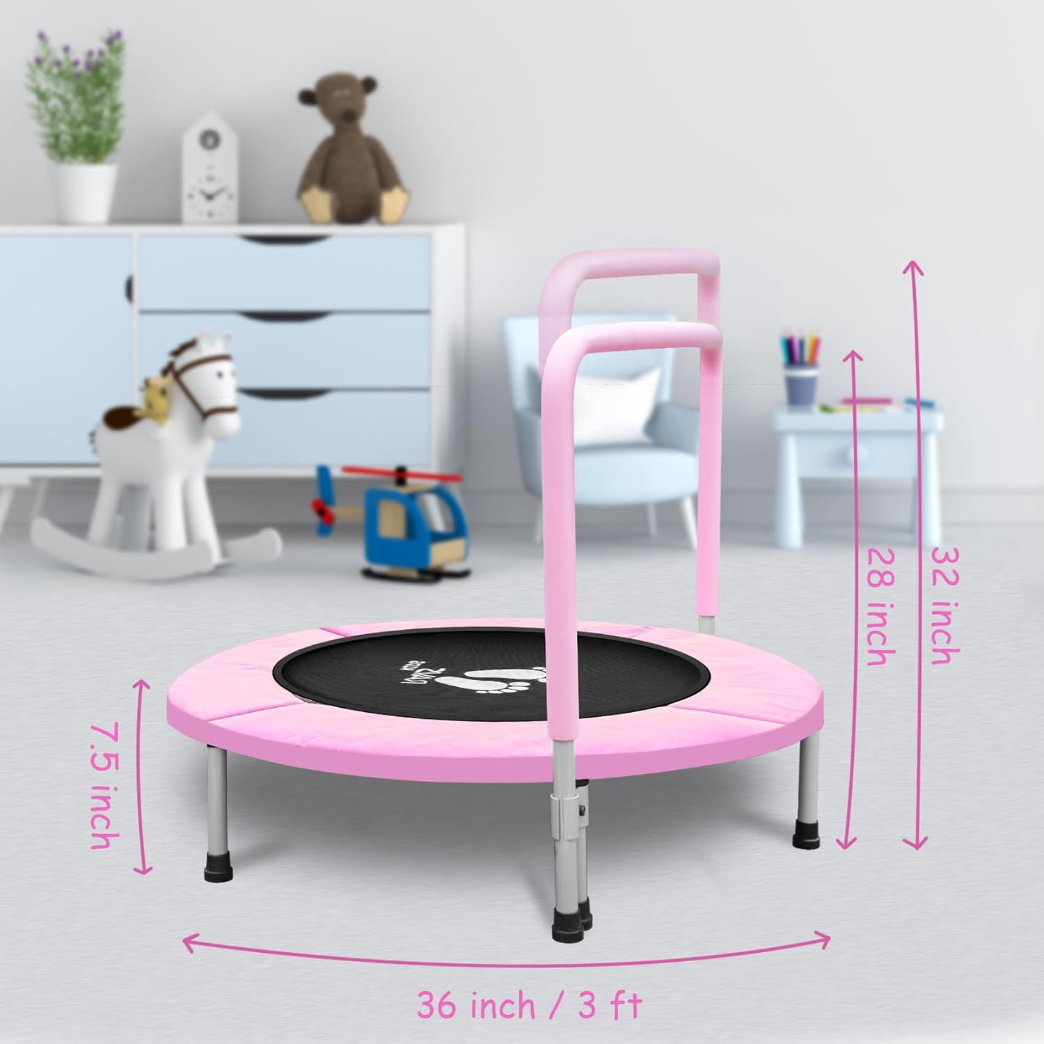 RAVS Toddler Trampoline with Adjustable Foam Handle, Foldable Indoor and Outdoor Rebounder (Pink, 36 in) q8hht
