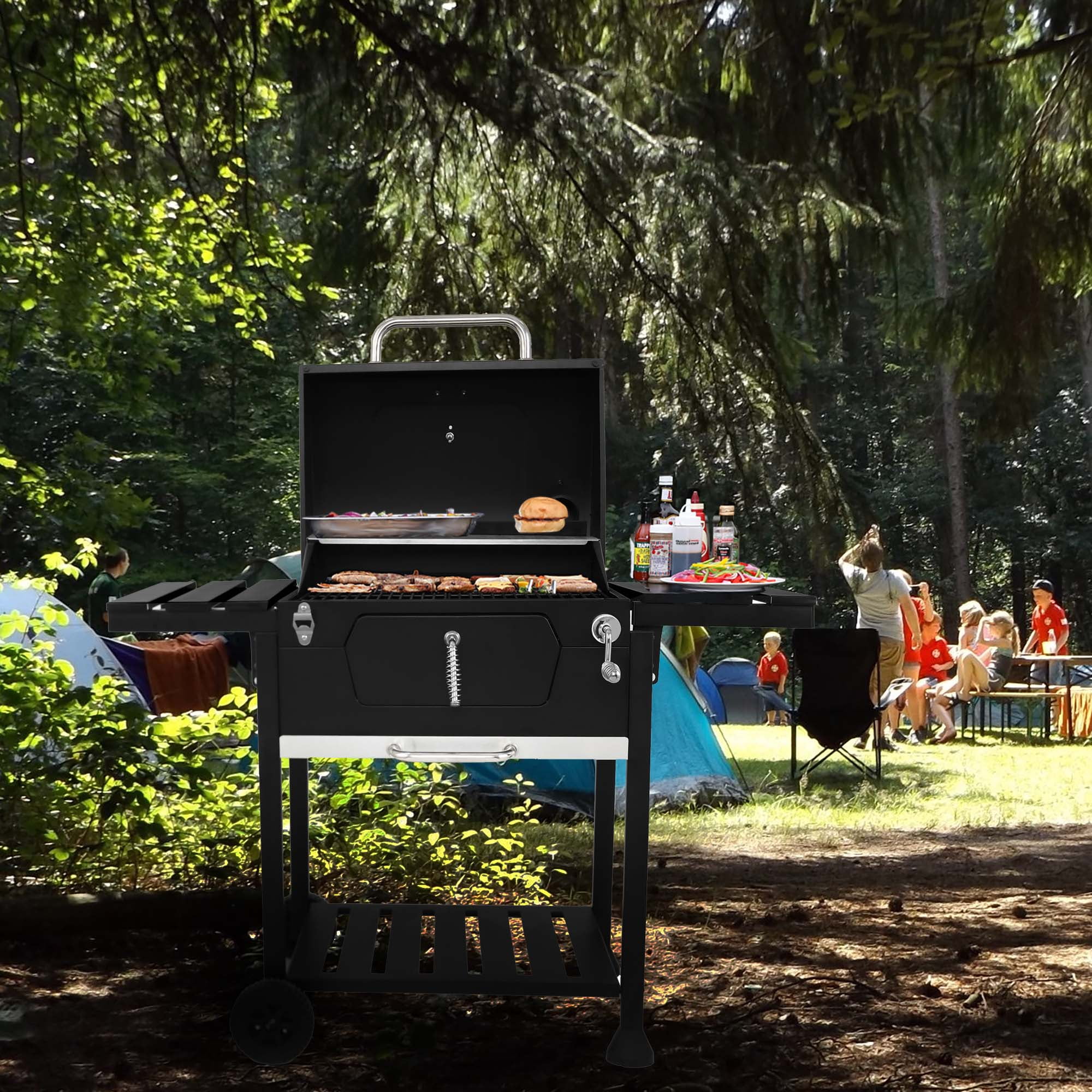 Royal Gourmet CD1824EN Charcoal BBQ Grill with Adjustable Charcoal Pan and Side Tables (Black, 474 sq in) e9i79