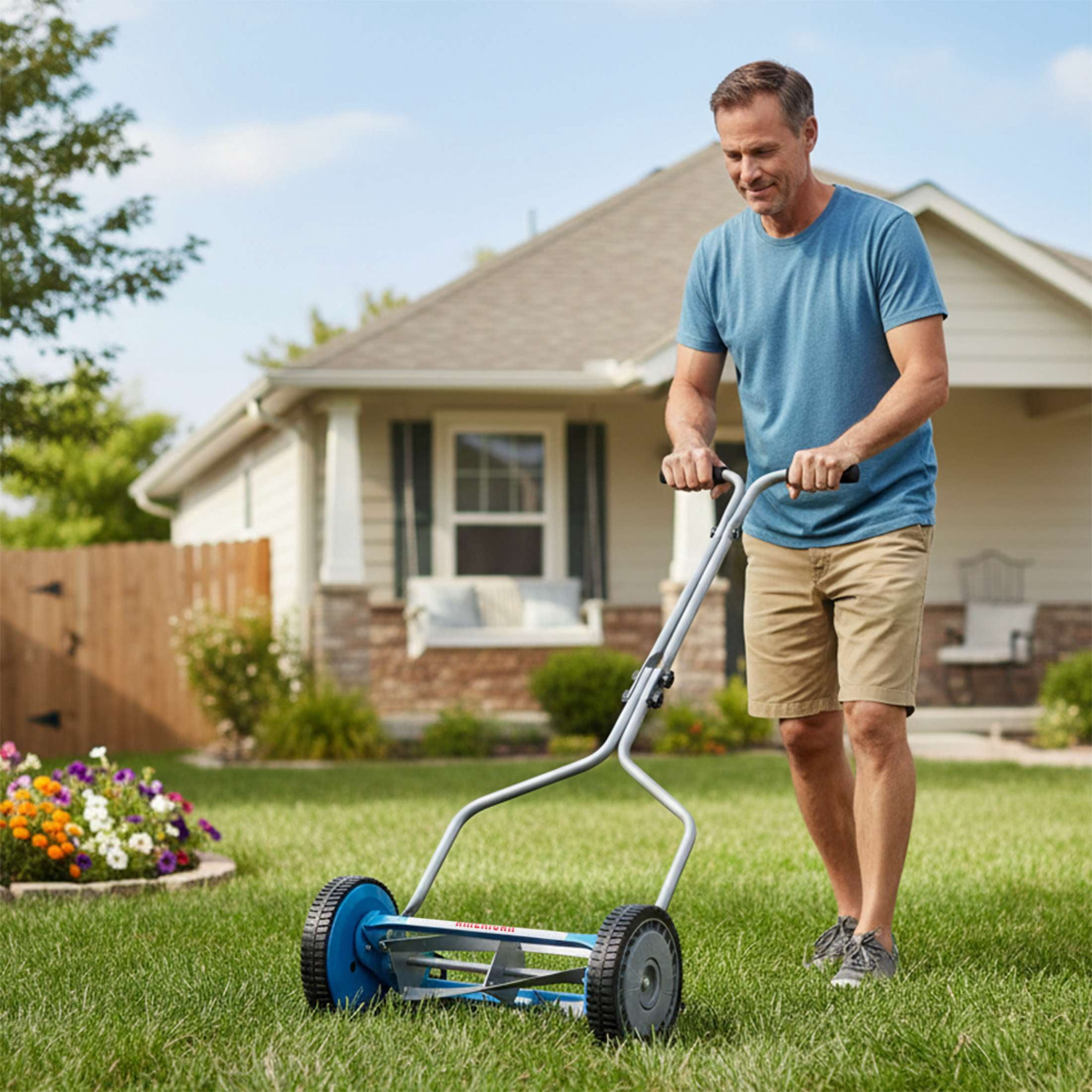 American Lawn Mower 14-Inch 4-Blade Push Reel Lawn Mower (Blue, 14 in) c3aox