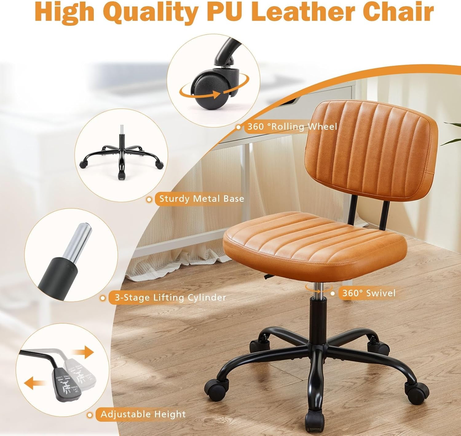 TINKLE WELL Ergonomic Armless Office Task Chair, Rolling Vanity Desk Chair with Swivel and Adjustable Height (Brown, 24.21 in x 16.33 in x 34.25 in) s16vc