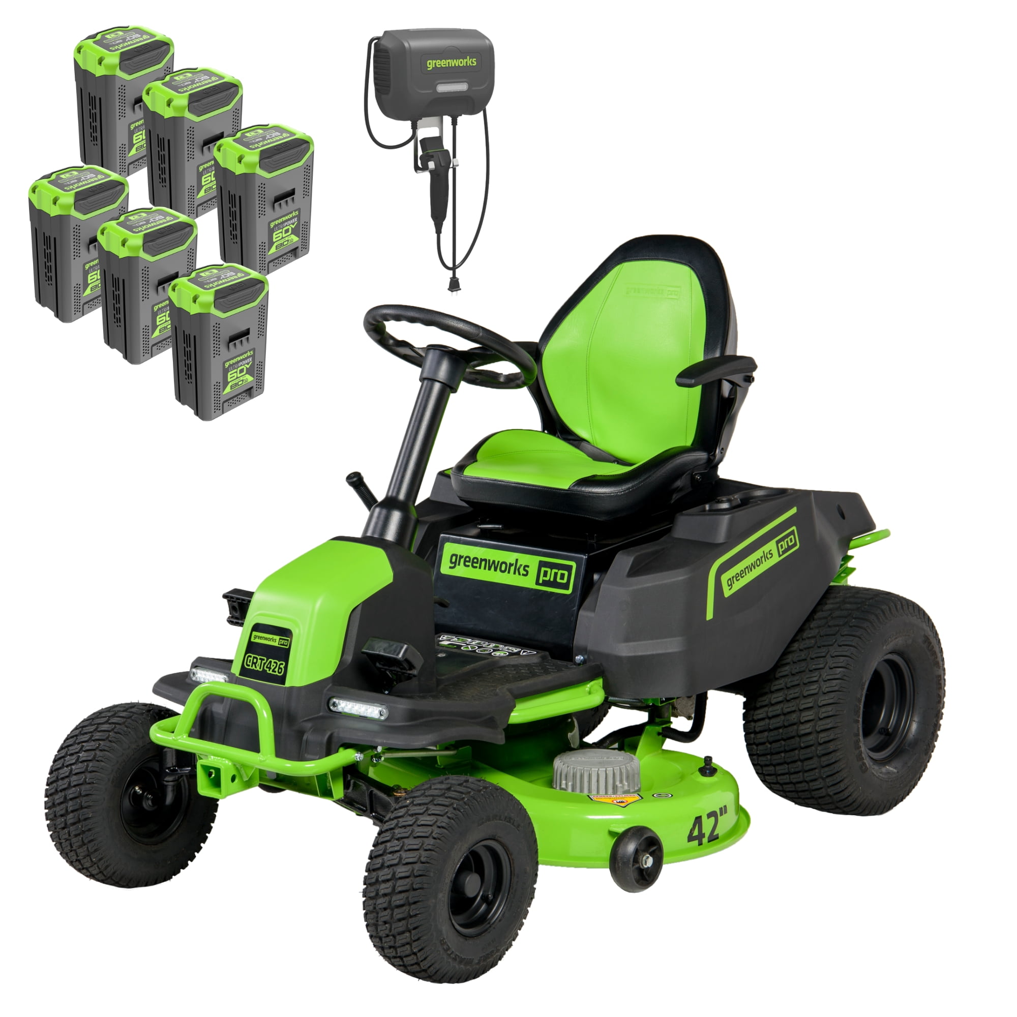 Greenworks 60V 42-in Cordless Electric Riding Lawn Mower with (6) 8.0Ah Batteries and (3) Dual Port Turbo Chargers sksom