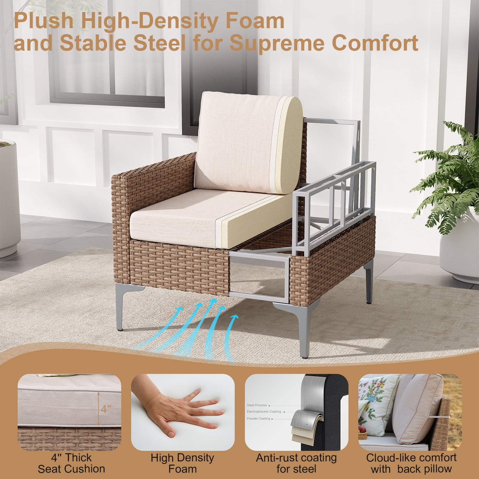 JOYURE 4-Piece Outdoor Wicker Patio Furniture Set with Tempered Glass Table and Cushions (Beige, 4-Piece) uvfta