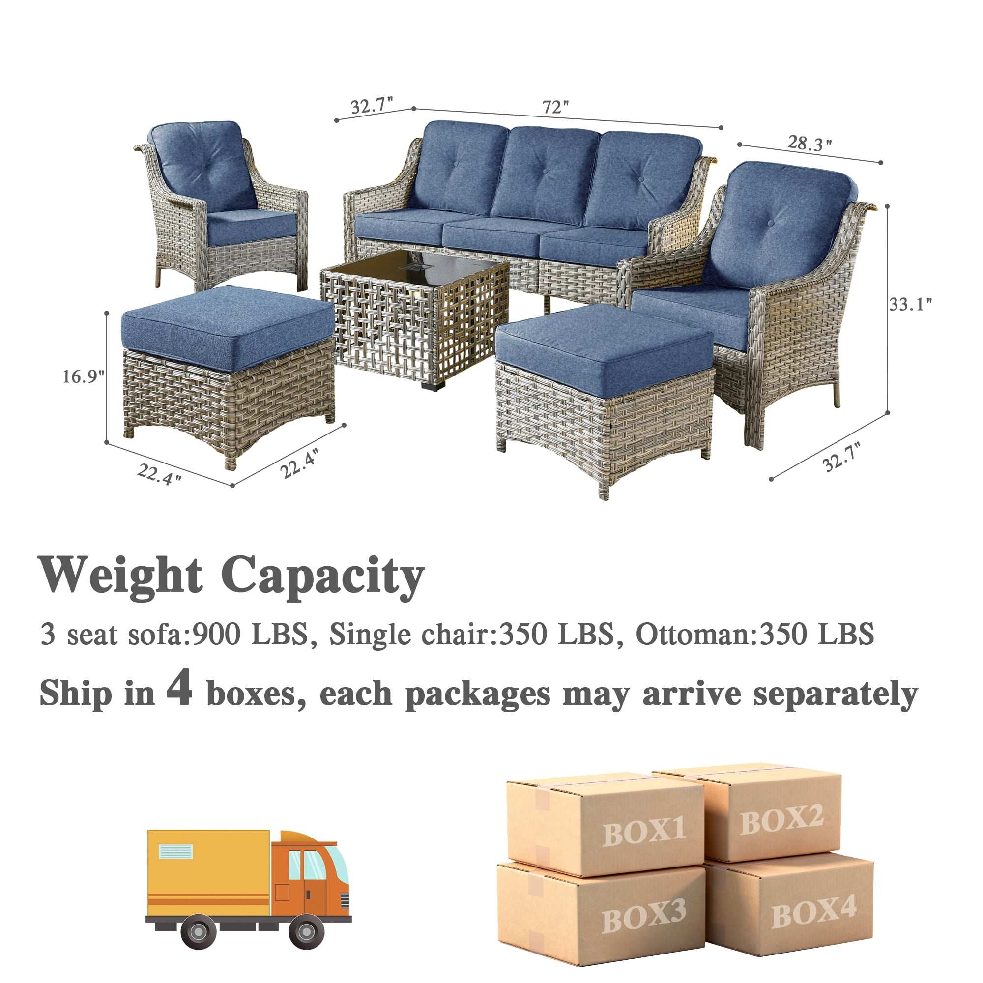 Ovios 6-Piece Outdoor Patio Furniture Set with Solar LED Coffee Table and High-Back Wicker Sofa (Denim Blue, 6-Piece Set) vwygz