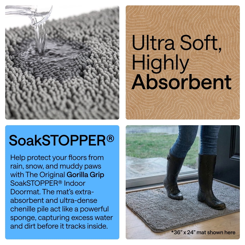 Gorilla Grip Ultra Absorbent Doormat for Muddy Paws, Machine Washable Indoor Entryway Rug (Gray, 24 in x 17 in) 2xk4q