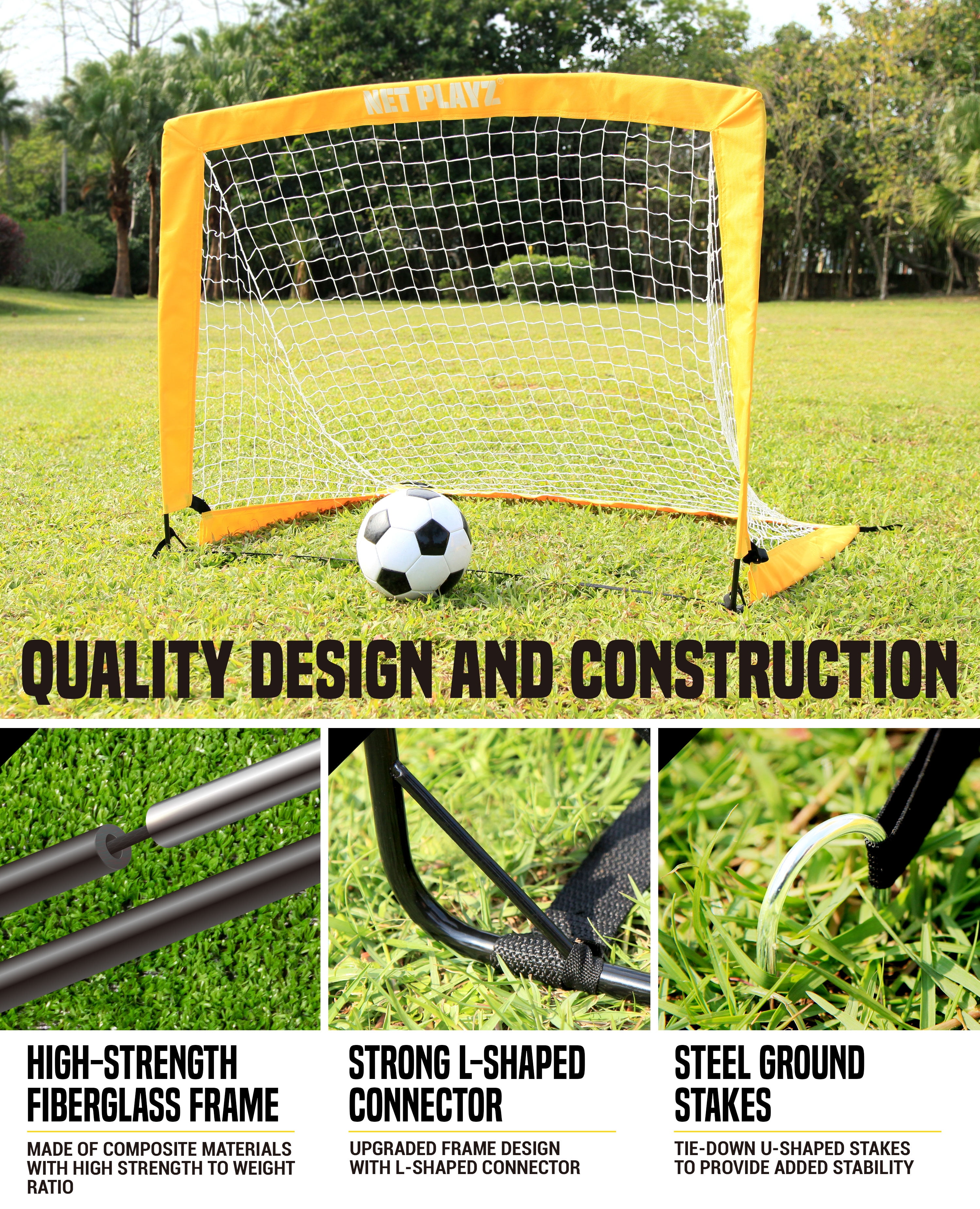 NET PLAYZ Pop-up Soccer Goal Net Set (Portable Backyard Sports Training Equipment, Yellow, Set of 2) 6t0yx