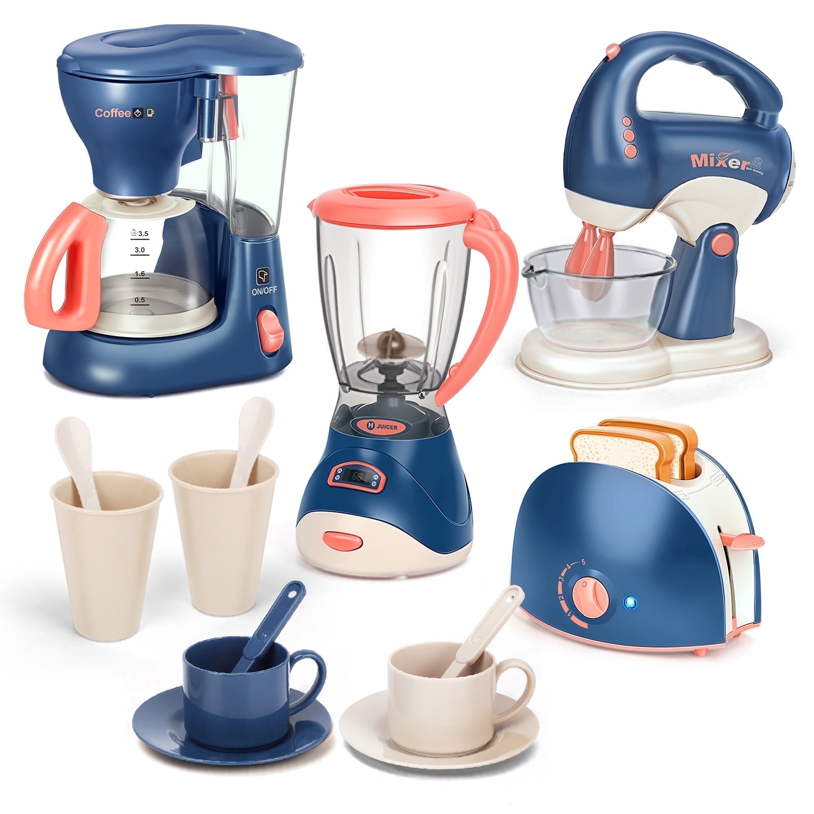 Jumplanma Realistic Kitchen Appliance Play Set with Lights and Sounds (Blue, 4-Piece Set) 7rwl3