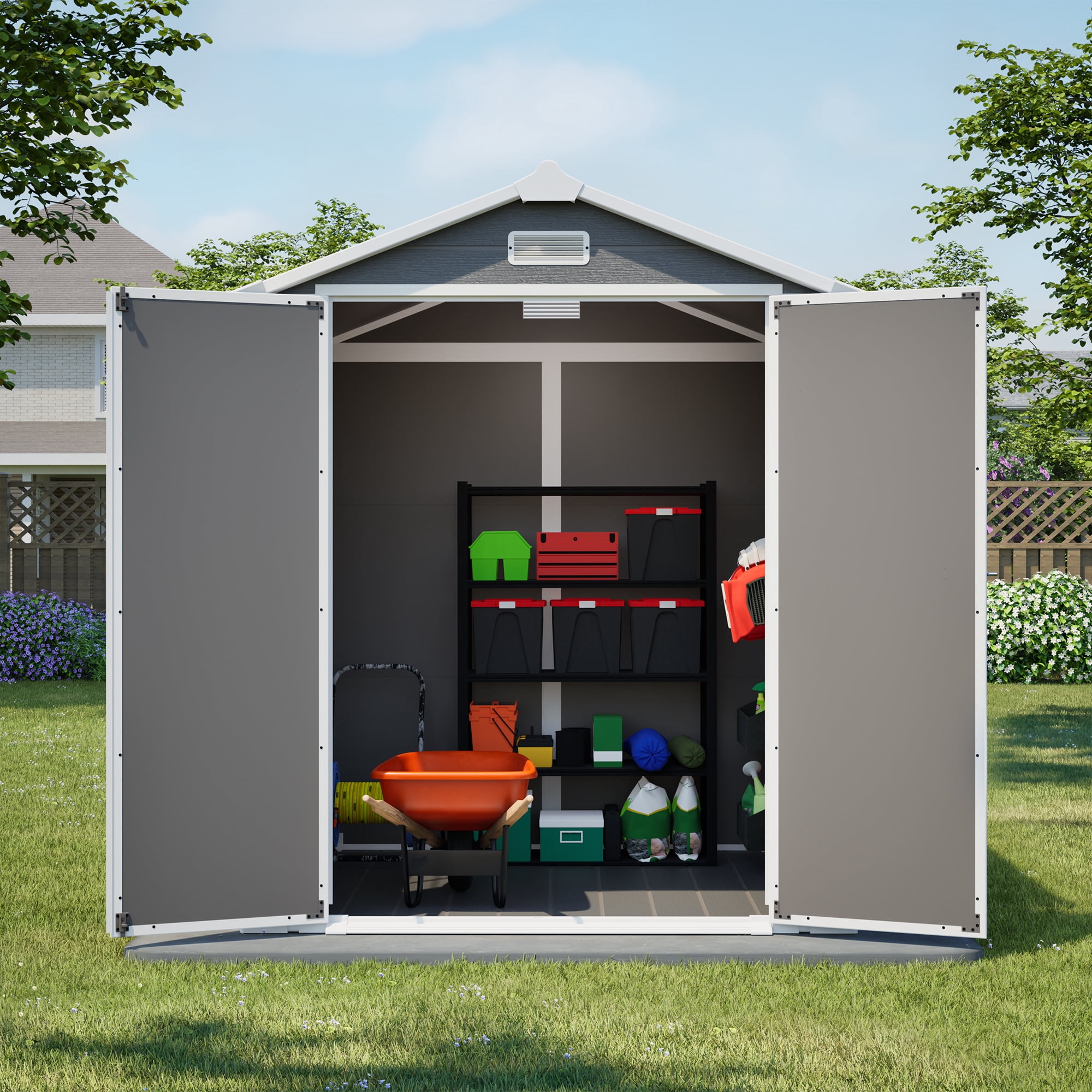LZBEITEM 6 ft x 6 ft Outdoor Storage Shed, Weather-Resistant Resin Tool Shed with Heavy-Duty Floor and Lockable Doors (Grey, 205 cu.ft) sgccu