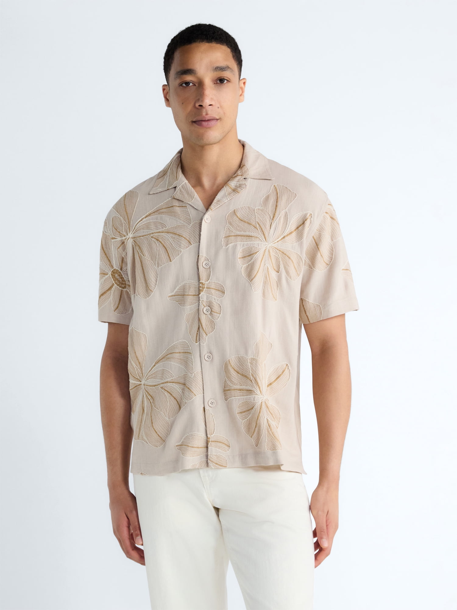 Free Assembly Men's Embroidered Linen Blend Camp Shirt Short Sleeve Button-Up (White, XS) raaxc