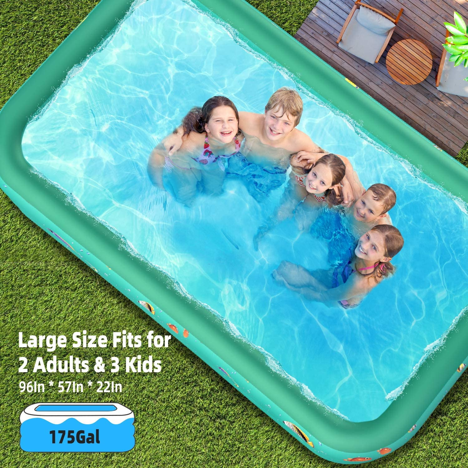 GVDV Inflatable Swimming Pool, Rectangular Family Pool for Backyard Summer Fun (Green, 118 x 67 x 22 in) giiyh