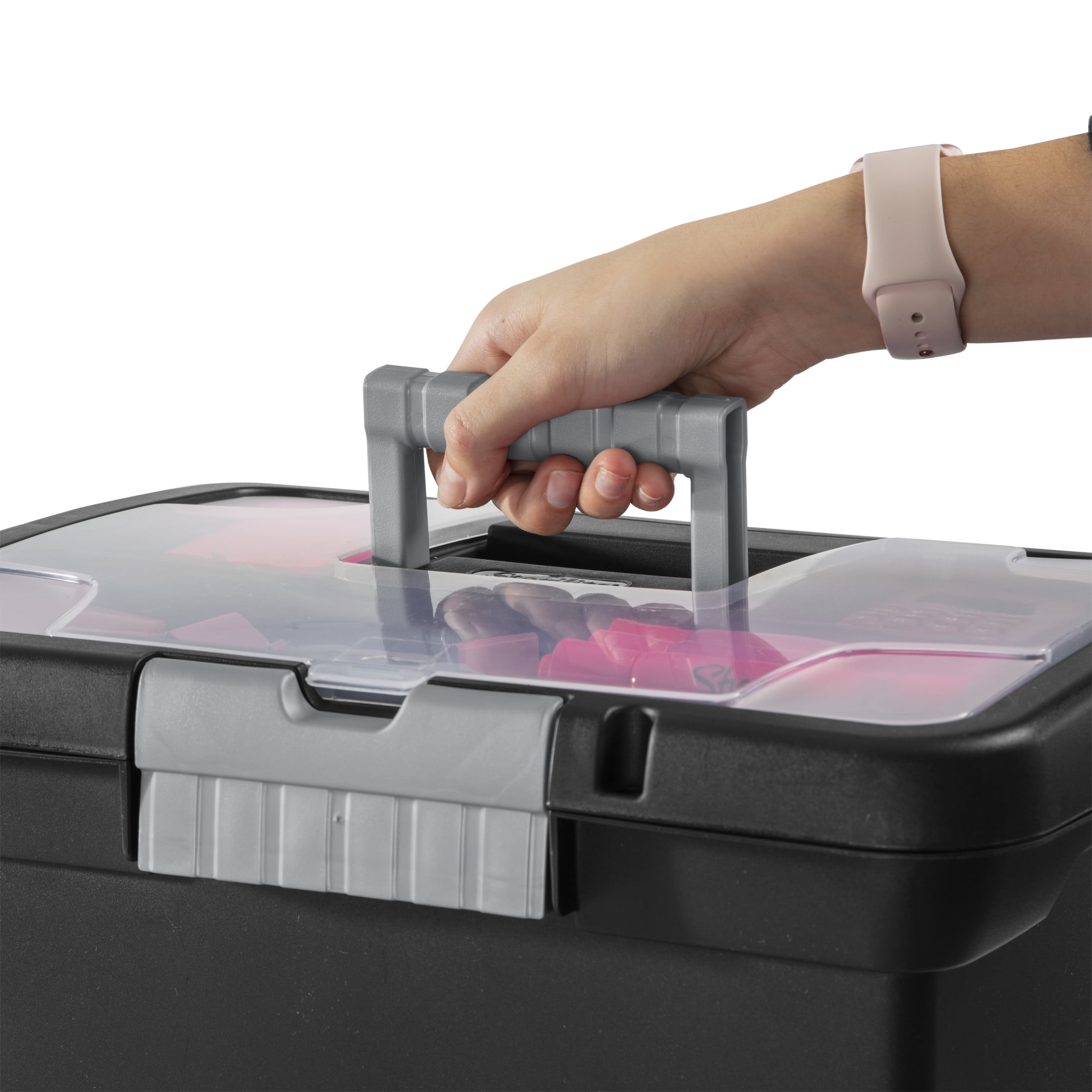 Sterilite Portable File Box, Letter-Size Plastic Storage Organizer with Handle and Divided Lid (Black, 15 in x 10.875 in x 11.5 in) ch8xf
