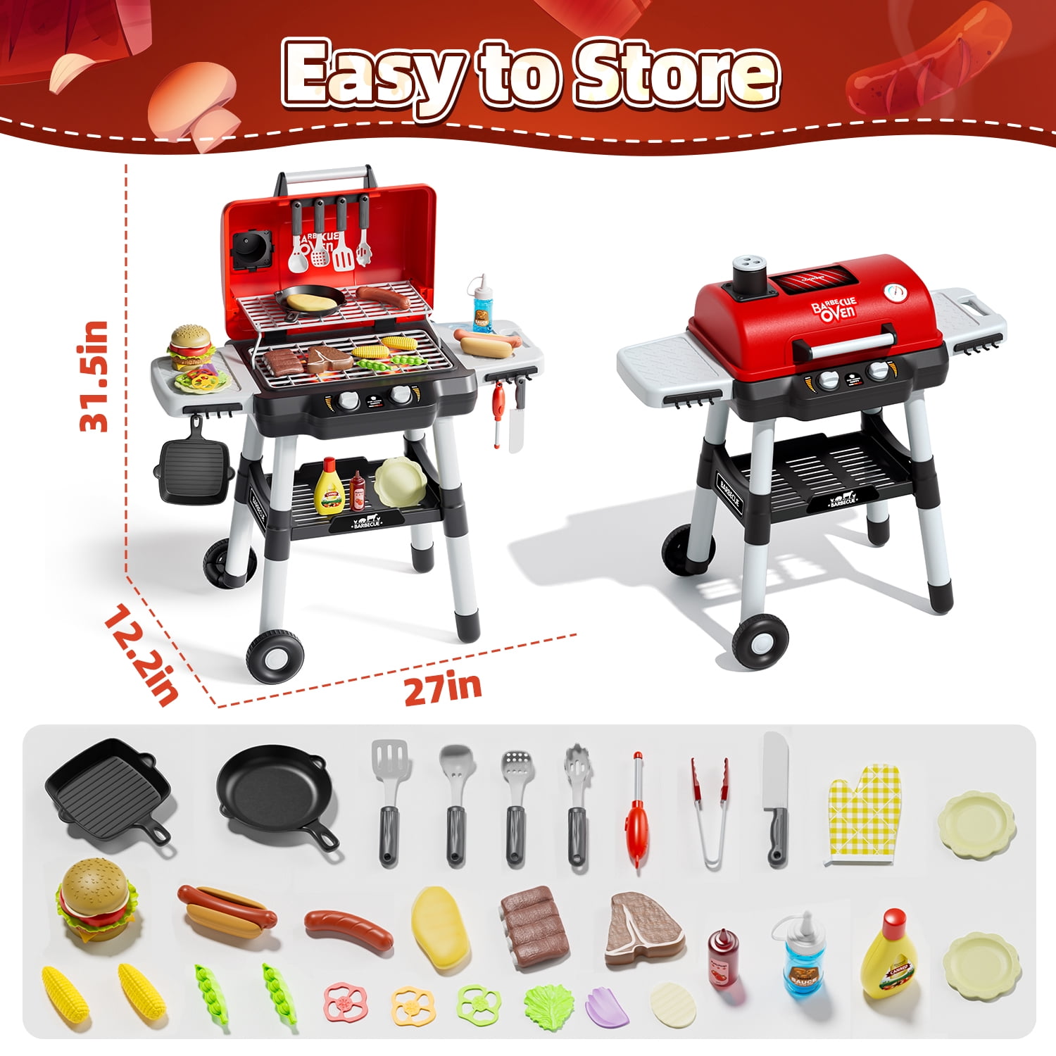 WonderStone BBQ Grill Playset for Kids, Interactive Kitchen Cooking Toy with Realistic Smoke and Sound Effects (Black, 36 Pieces) uwfqu