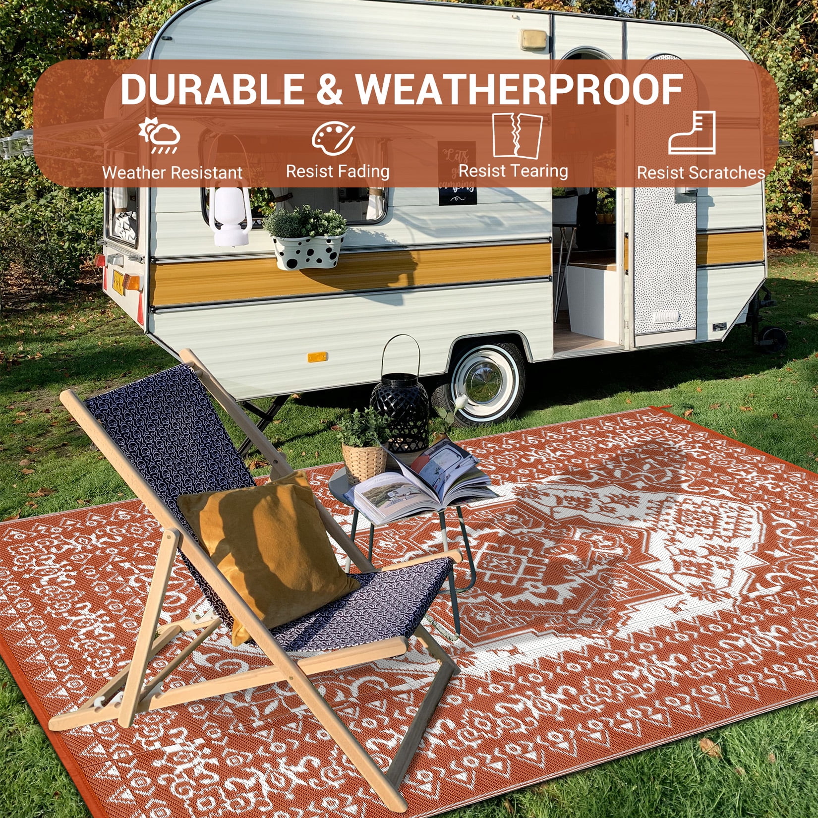 GlowSol Outdoor Area Rug, Waterproof Reversible Patio Carpet for Picnic and Deck (Brick Red/White, 8 ft x 10 ft) gx3b1