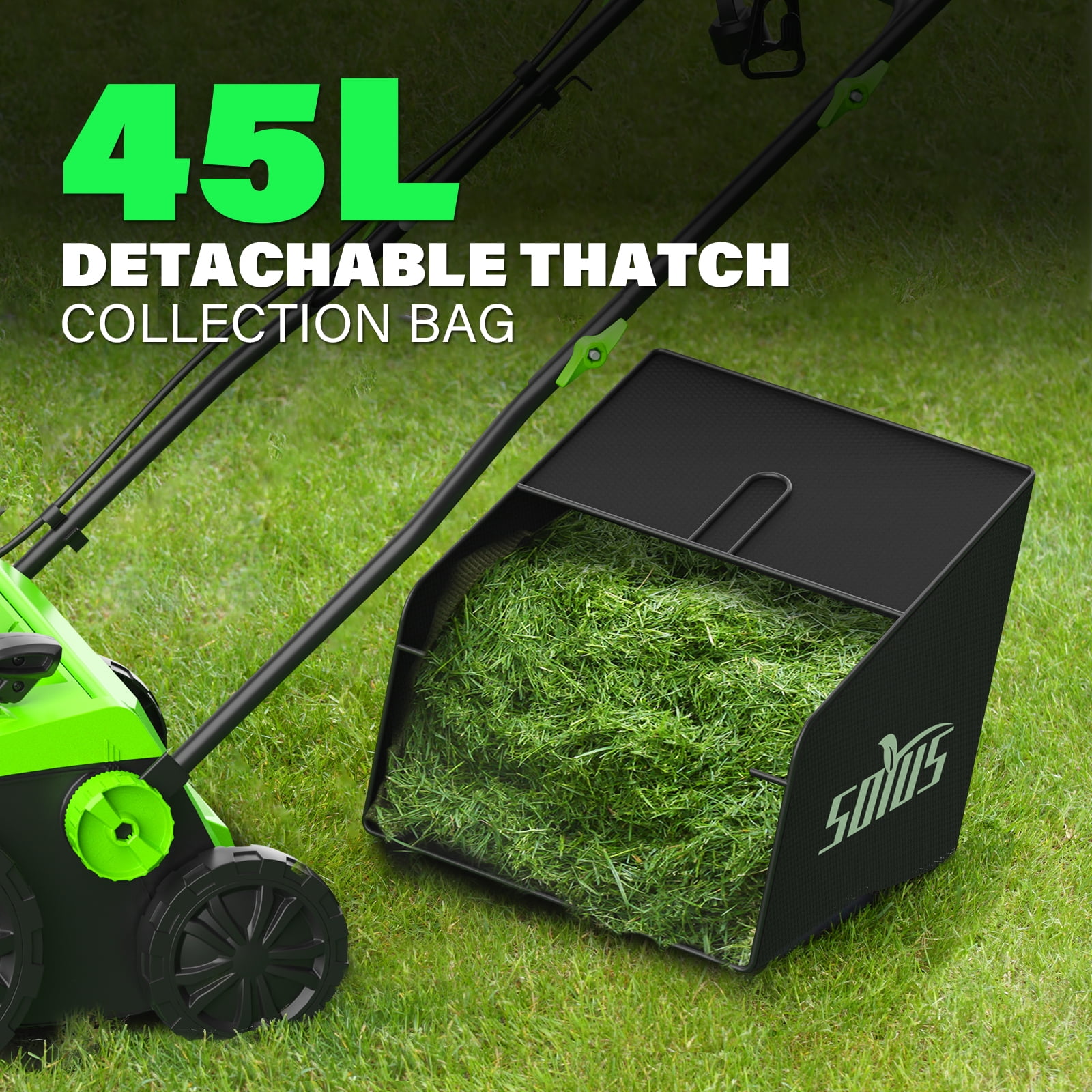 SOYUS 15-Inch 13-Amp Electric Dethatcher and Scarifier with Collection Bag (Green, 11.89 gal) aipw8