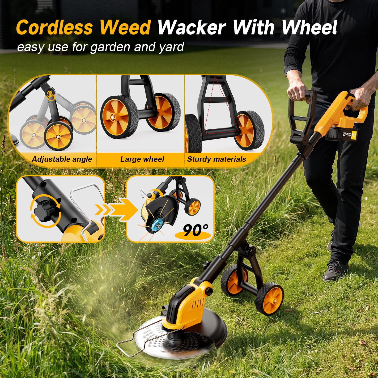 Lemolifys 12-inch Cordless Brushless Weed Eater with Wheels and 5 Blades (Yellow, 21V Battery) b80p4