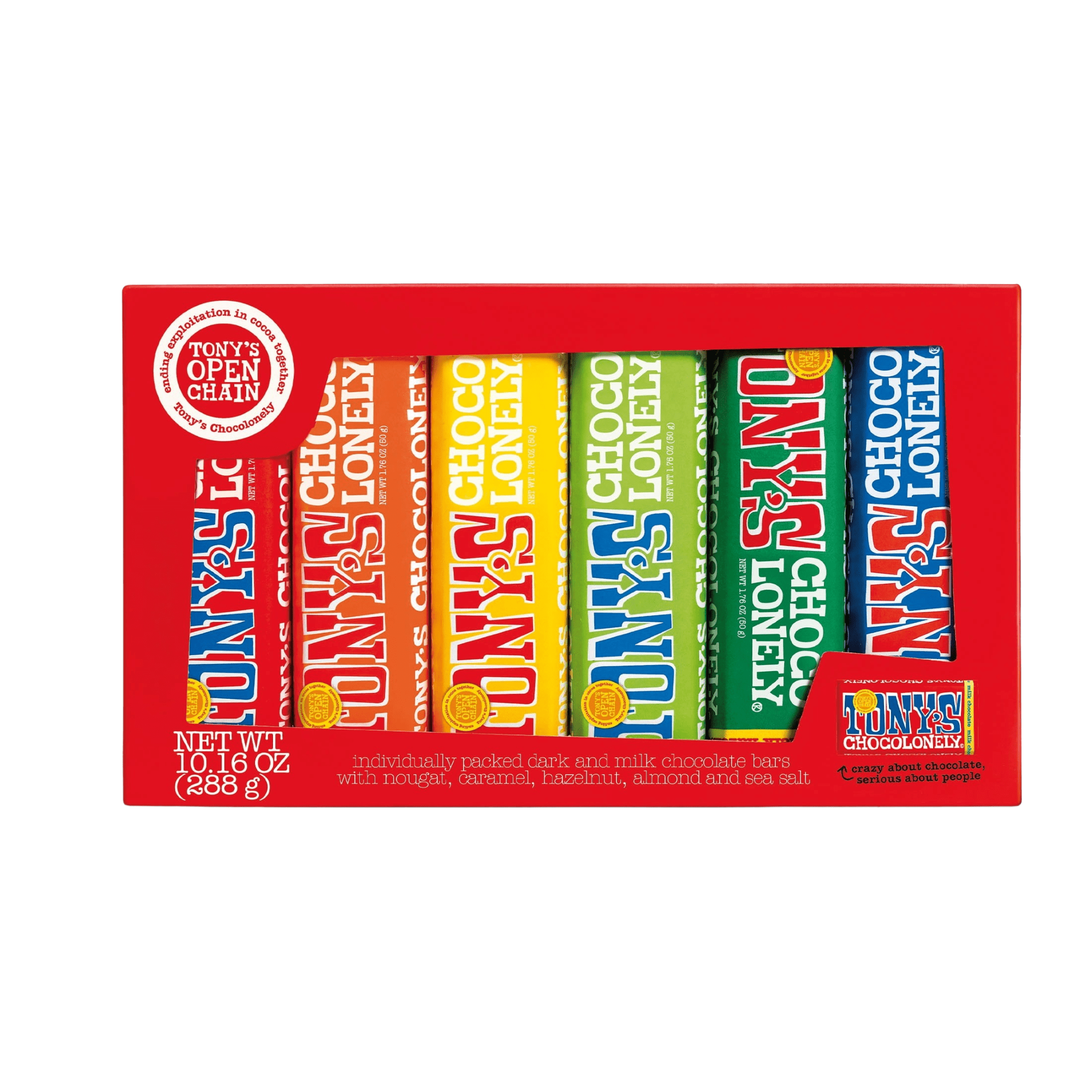Tony's Chocolonely Chocolate Bar Variety Pack, Fairtrade Certified Cocoa (6 Bars, 1.8 oz each) be800