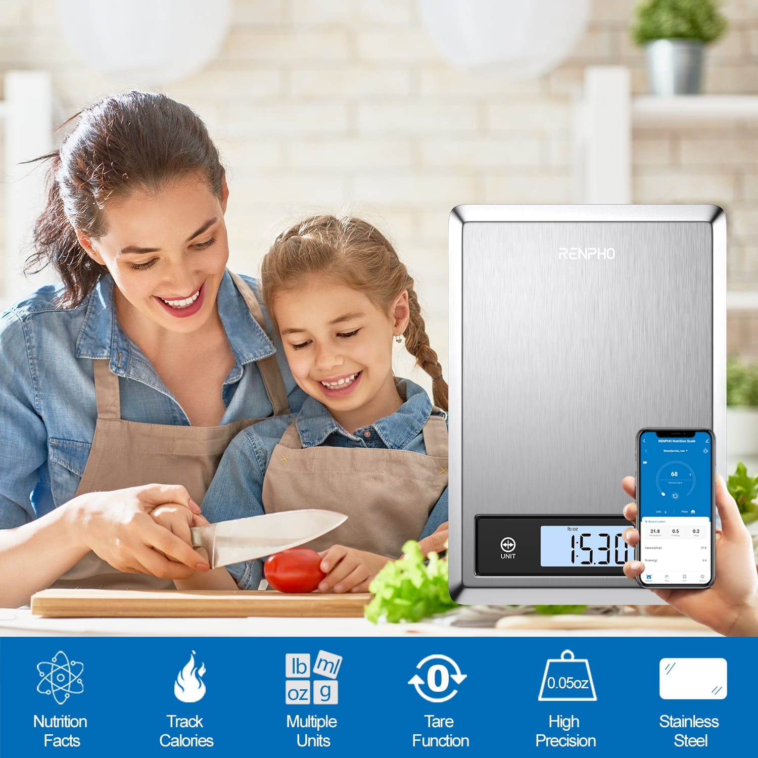 RENPHO Smart Digital Food Scale with Bluetooth App Connectivity, Stainless Steel Kitchen Nutrition Tracker (11 lbs) rxzs8