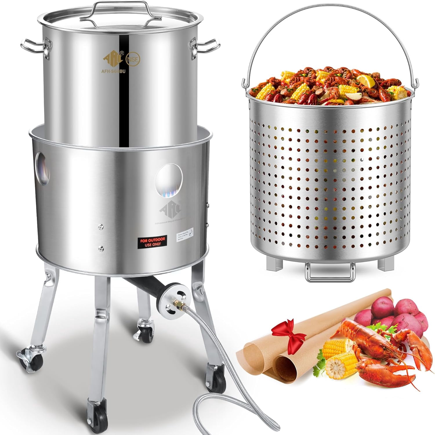 ARC USA 64QT Seafood Boiling Kit, Stainless Steel Propane Burner and Crawfish Pot with Strainer (Silver, 64 qt) p83c5