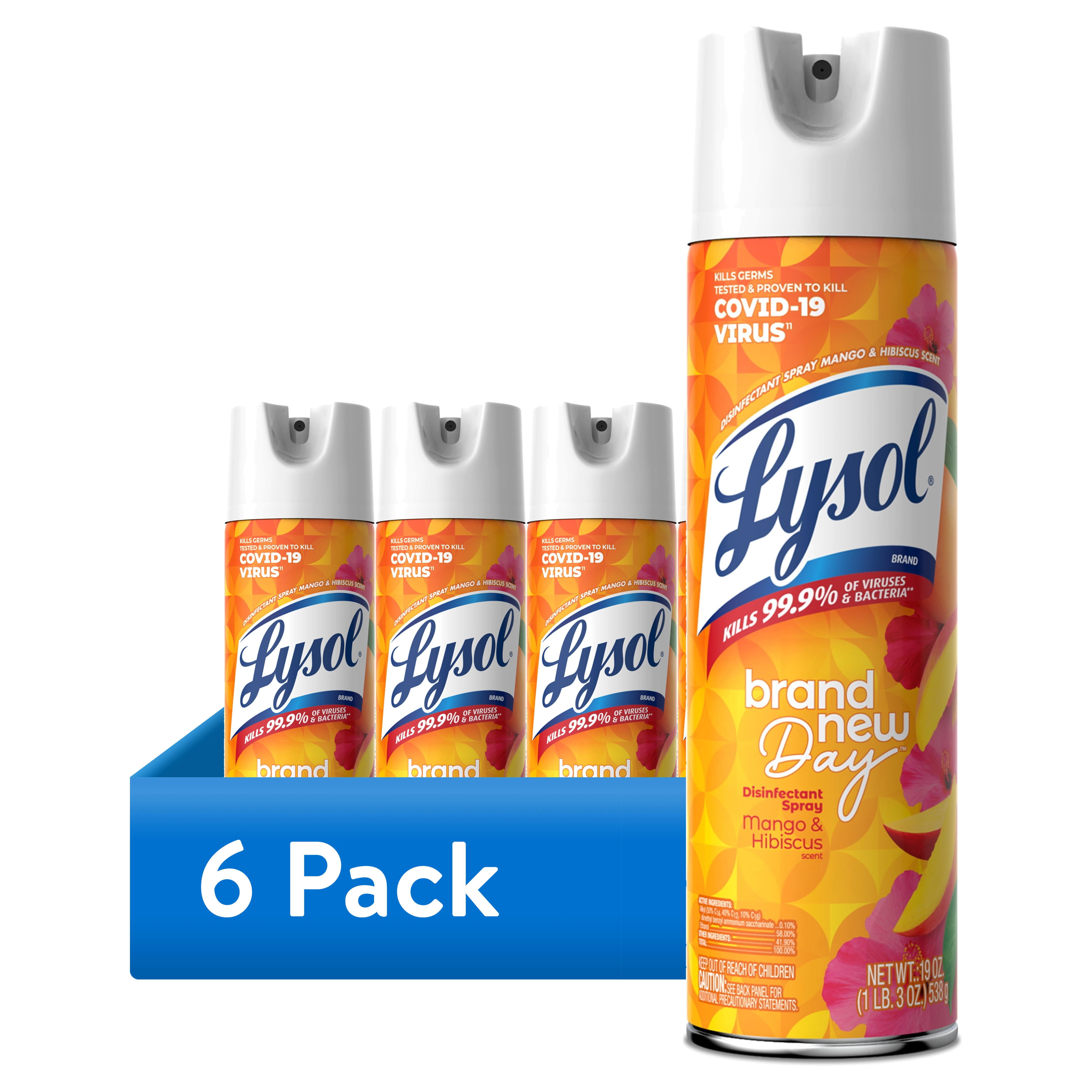 Lysol Brand New Day Disinfectant Spray, Antibacterial Surface Sanitizer and Deodorizer, Mango & Hibiscus (6 Pack, 19 oz) t6185