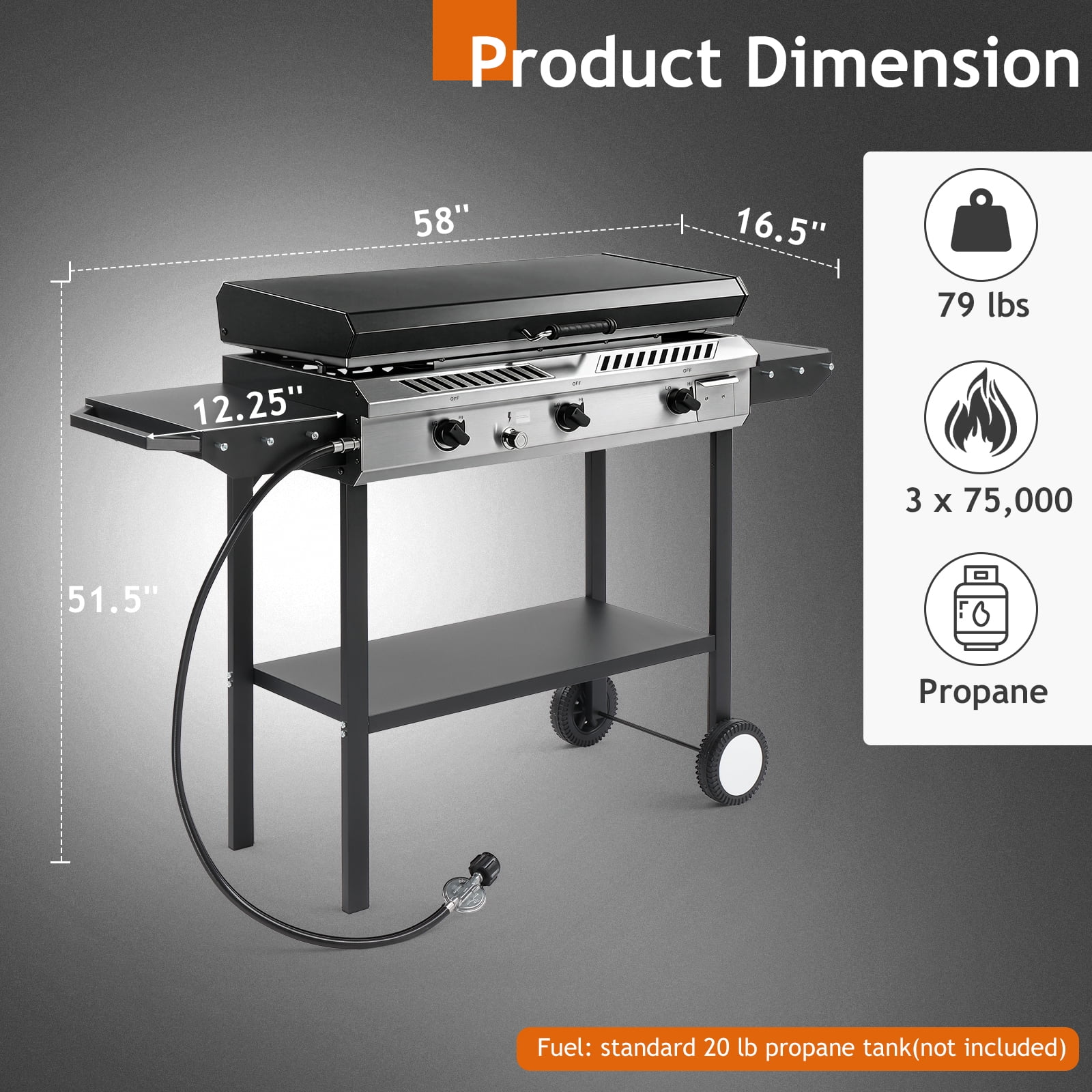 Zintown 3-Burner Outdoor Propane Gas Griddle with Portable Pan and Lid (Black, 58 in x 16.5 in x 51.5 in) r2sfz
