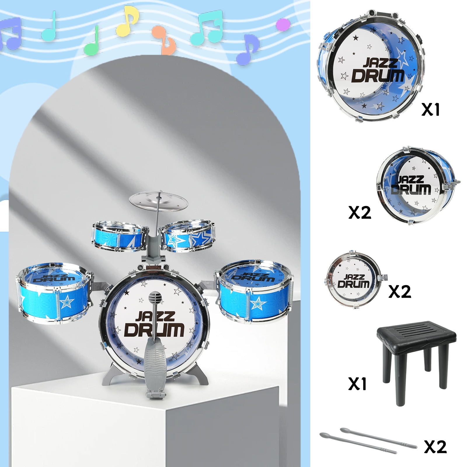 JBeeCtrl Kids Jazz Drum Set Musical Instrument with Chair and Pedal (Blue, 8-Piece Set) j4qzl