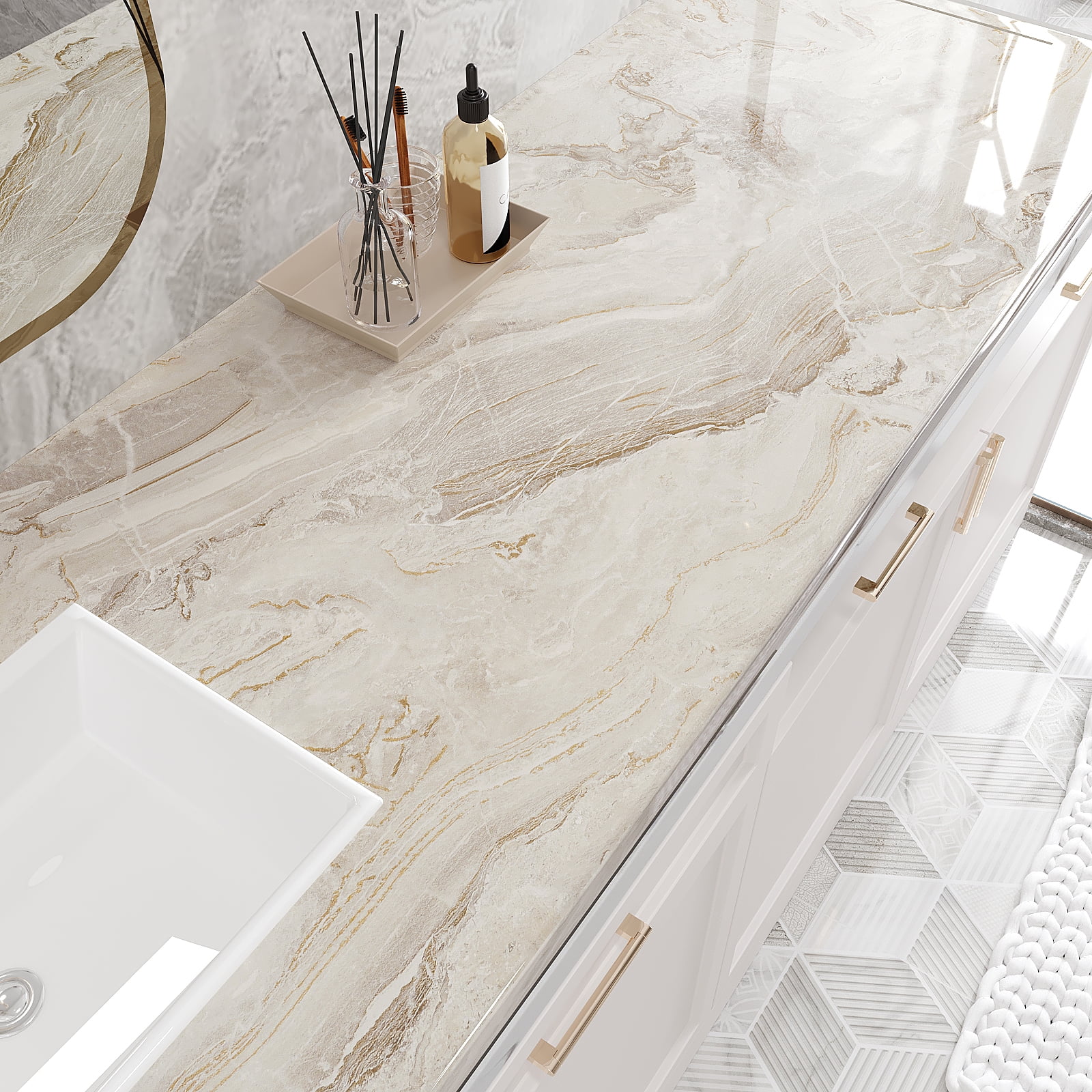 VEELIKE Marble Peel and Stick Contact Paper for Countertops, Waterproof Vinyl Film for Kitchen and Furniture (Beige Gold, 15.7 in x 118.1 in) 579fn