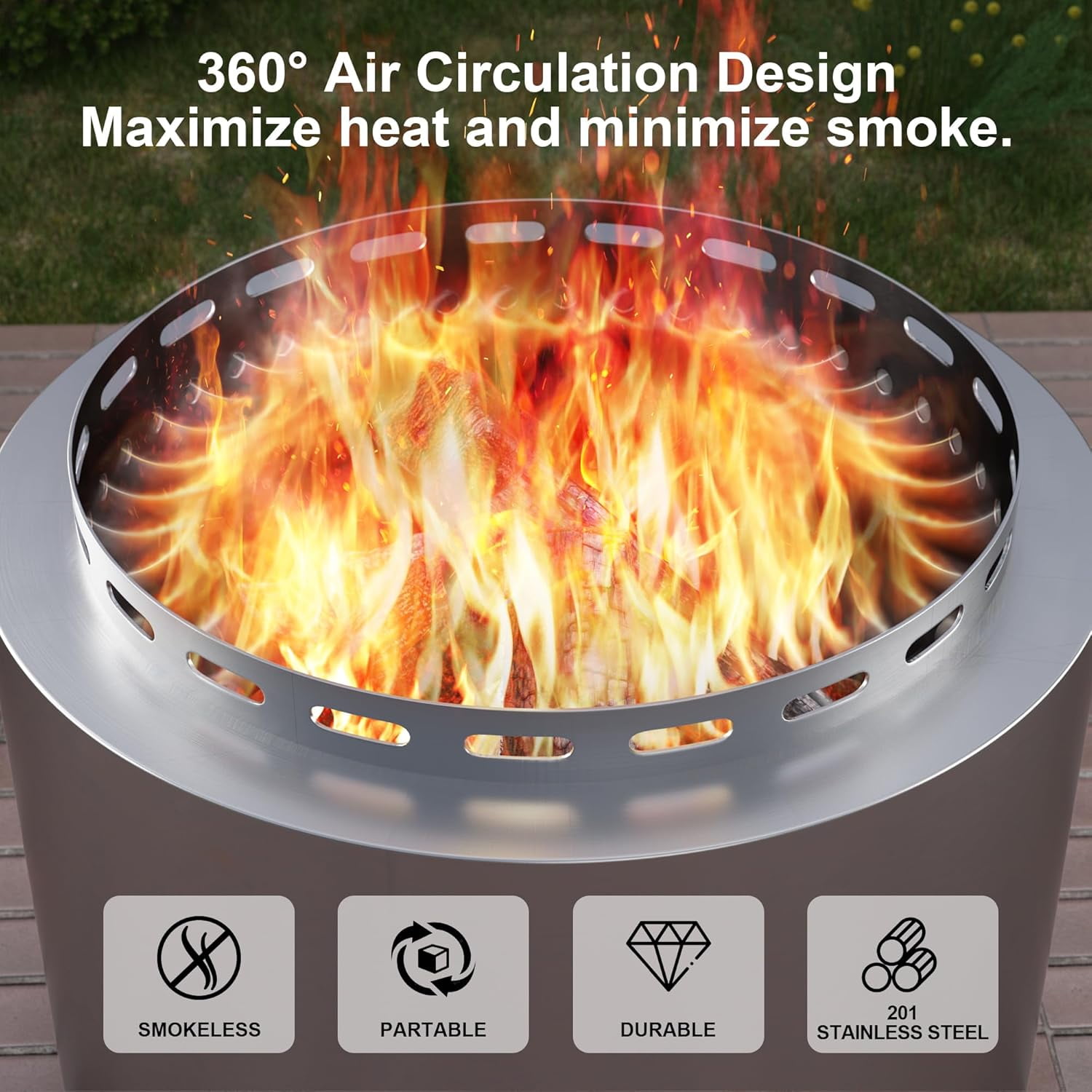 Kullavik 19 Inch Outdoor Smokeless Fire Pit, Portable Stainless Steel Wood Burning Firepit with Weather Resistant Cover (Silver, 19 in) 1csj3