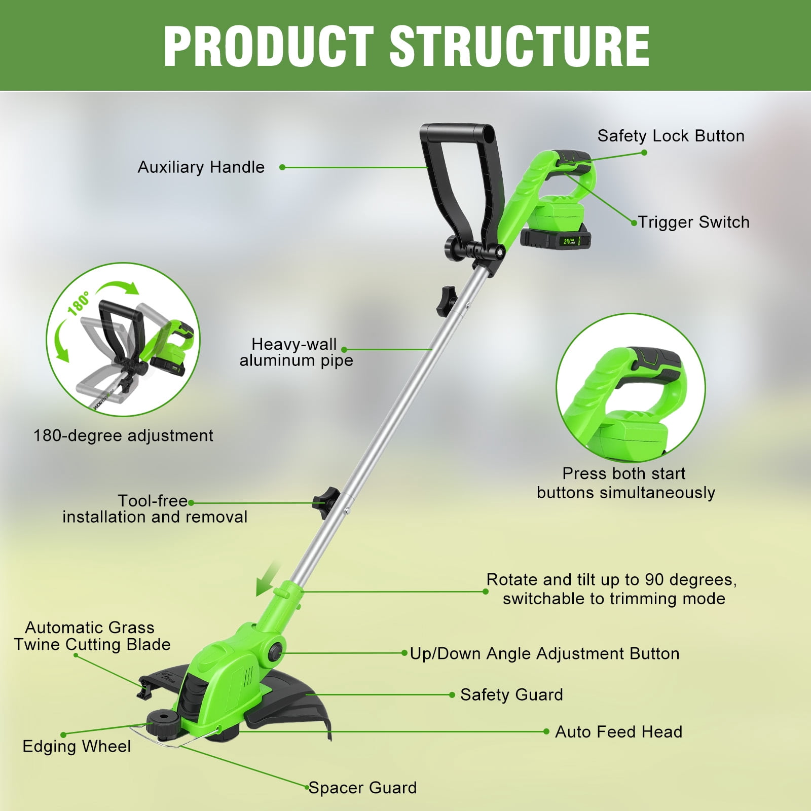 CATGOOD Cordless String Trimmer and Edger, 12 in Cutting Width, 2 Batteries and Fast Charger (Green) 6xmoa