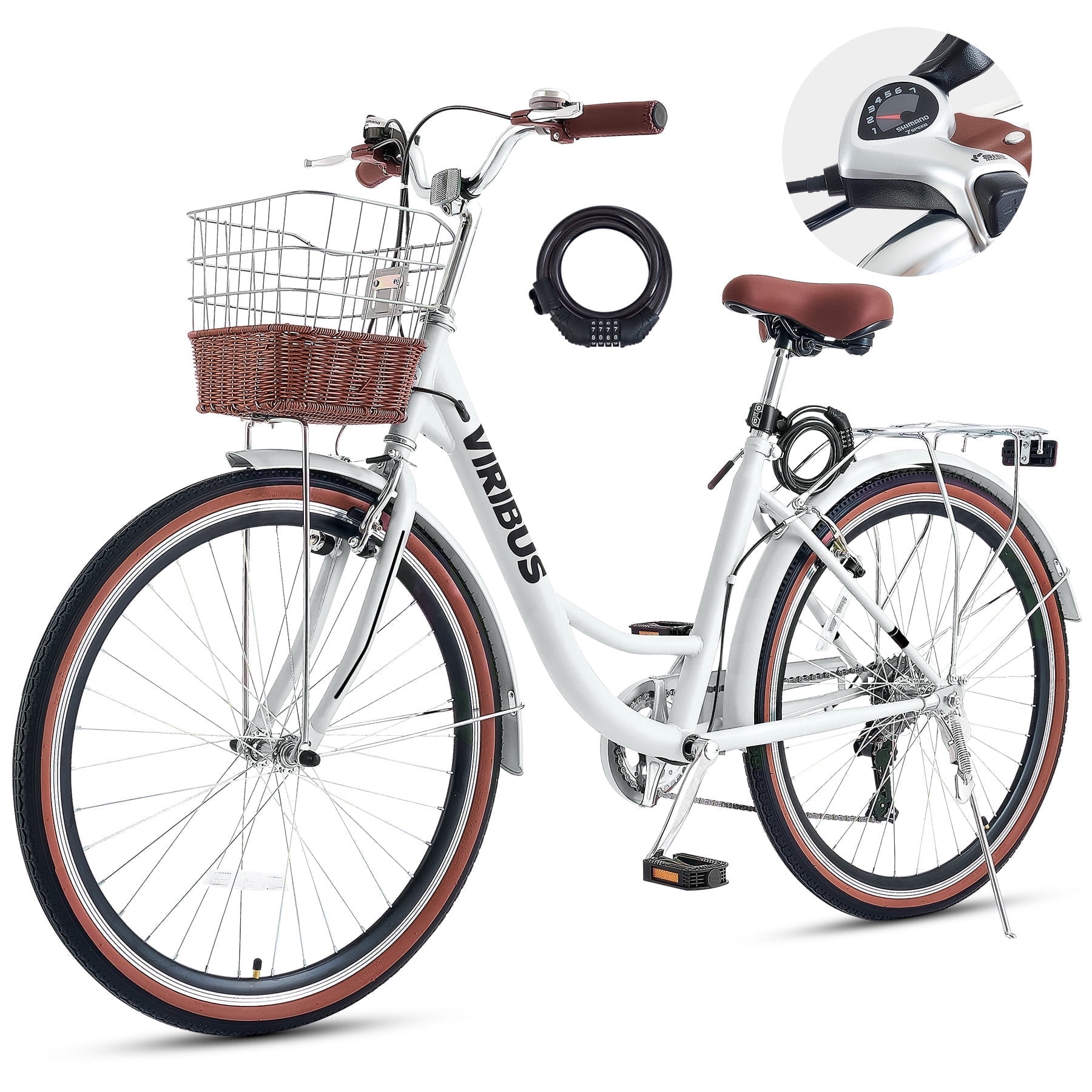 Viribus 24 in Women's Cruiser Bike, 7-Speed Beach and City Bicycle with Basket and Rack (White) 3vvao