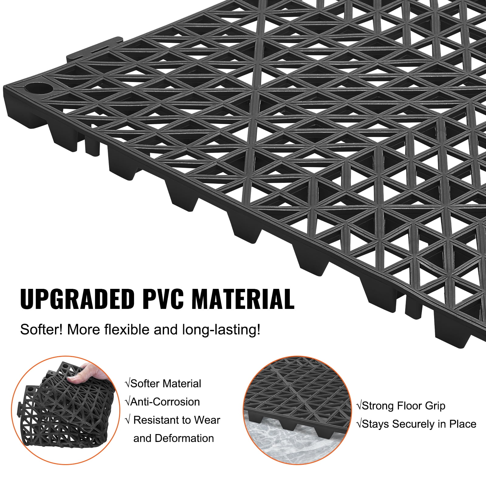 SKYSHALO Interlocking Floor Mats Waterproof Non-Slip PVC Tiles (Black, 50 Piece, 12 in x 12 in) elmli