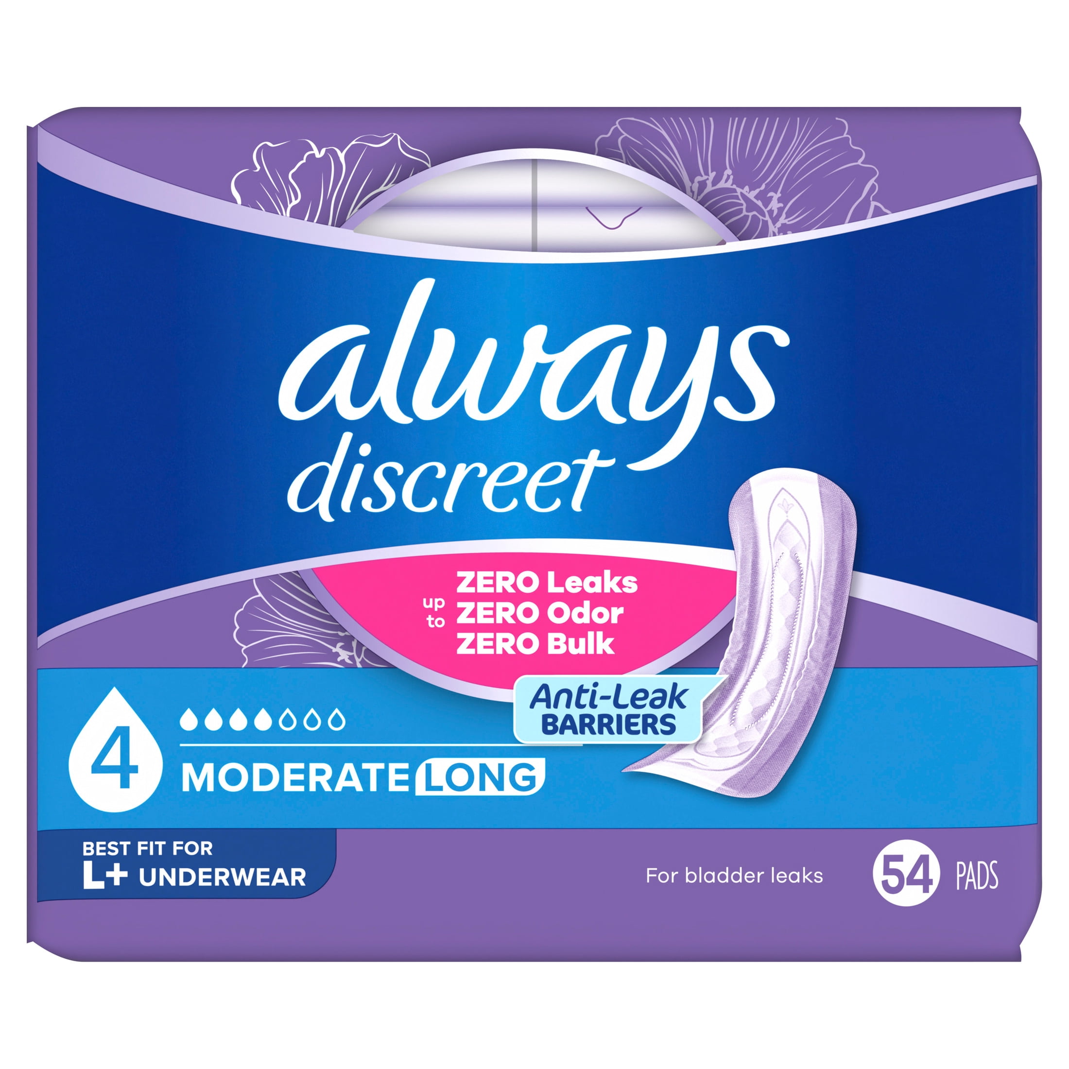 Always Discreet Incontinence Pads, Moderate Absorbency, Long Length (54 Count) p4zy0