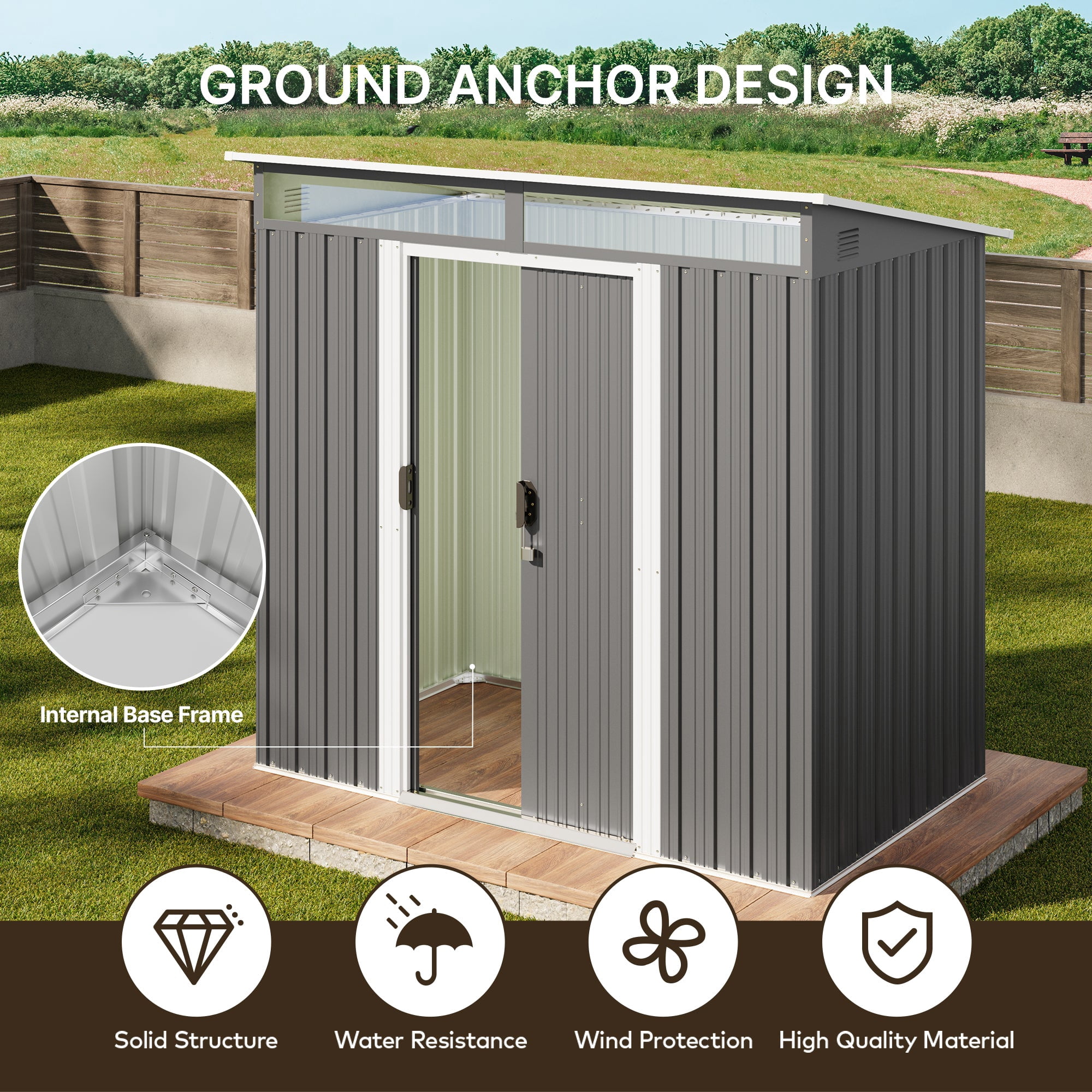 Aiho Metal Outdoor Storage Shed, Lockable Garden Tool House with Transparent Roof Panels and Vents (Dark Gray, 6 ft x 4 ft) ss3xs