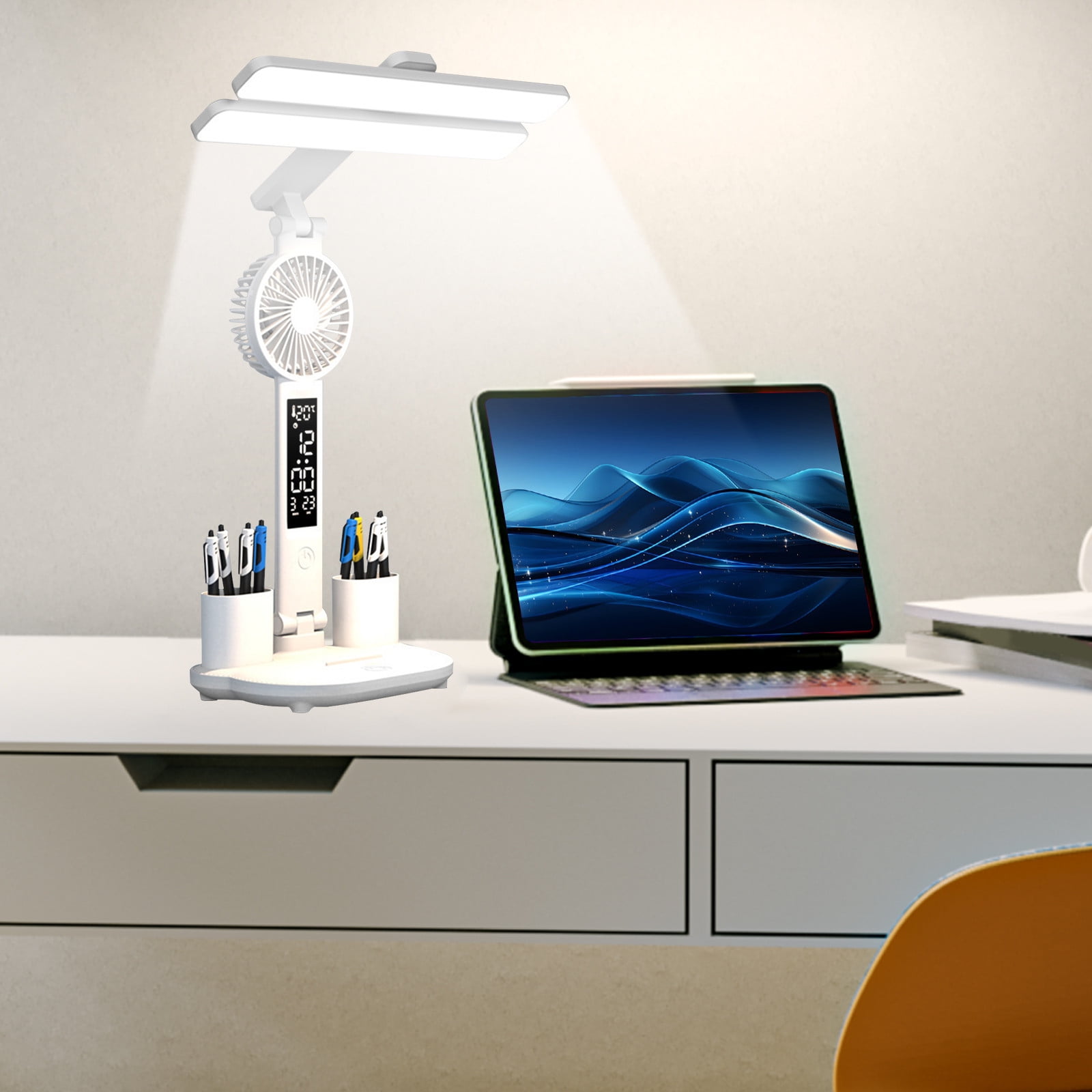 FYTPOV LED Desk Lamp with Pen Holder, Fan, and Clock (Foldable, White) ycyff - Image 4