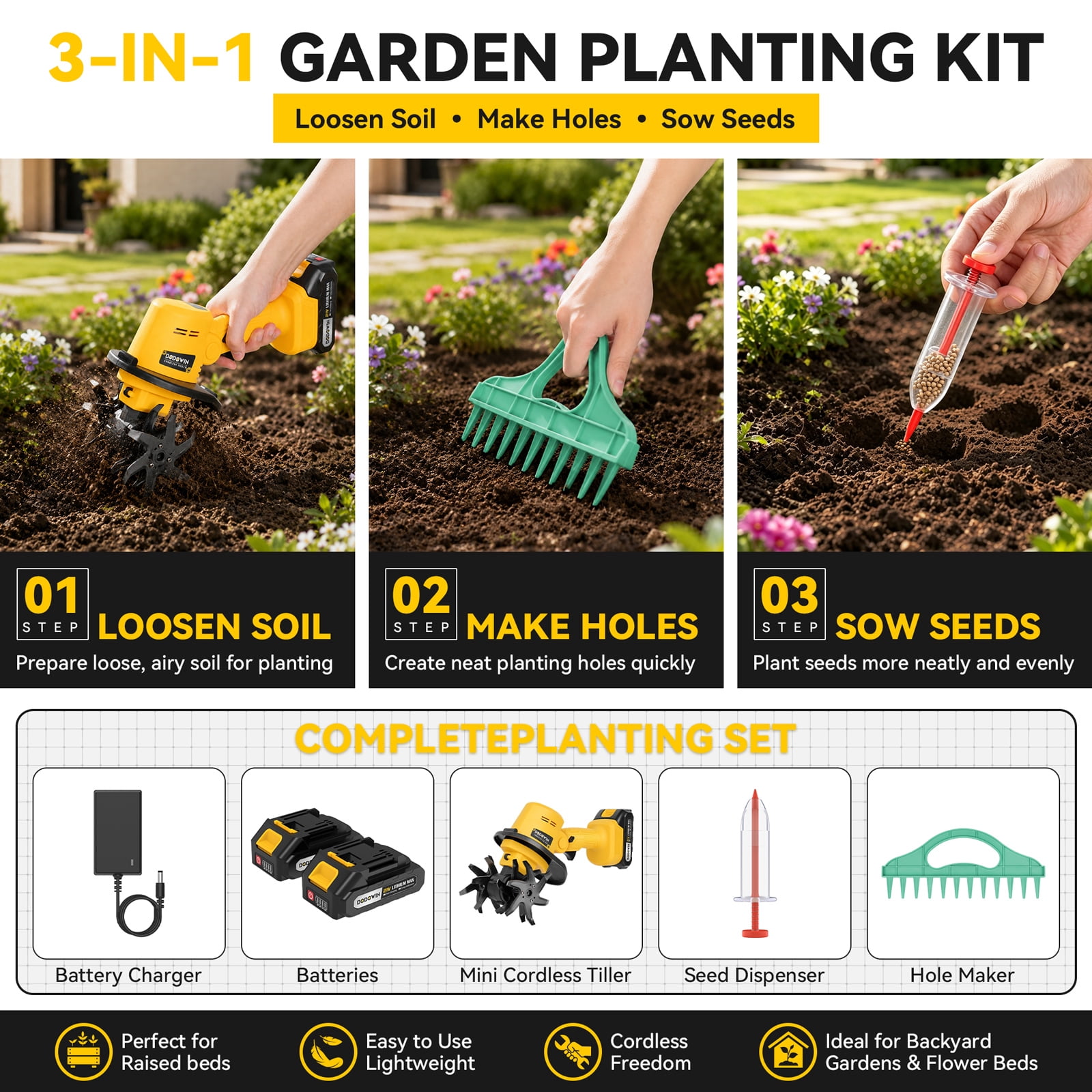 Dodowin Cordless Power Tiller, Lightweight Electric Cultivator for Garden Soil Preparation (1 Battery, 1 Charger) b2hta