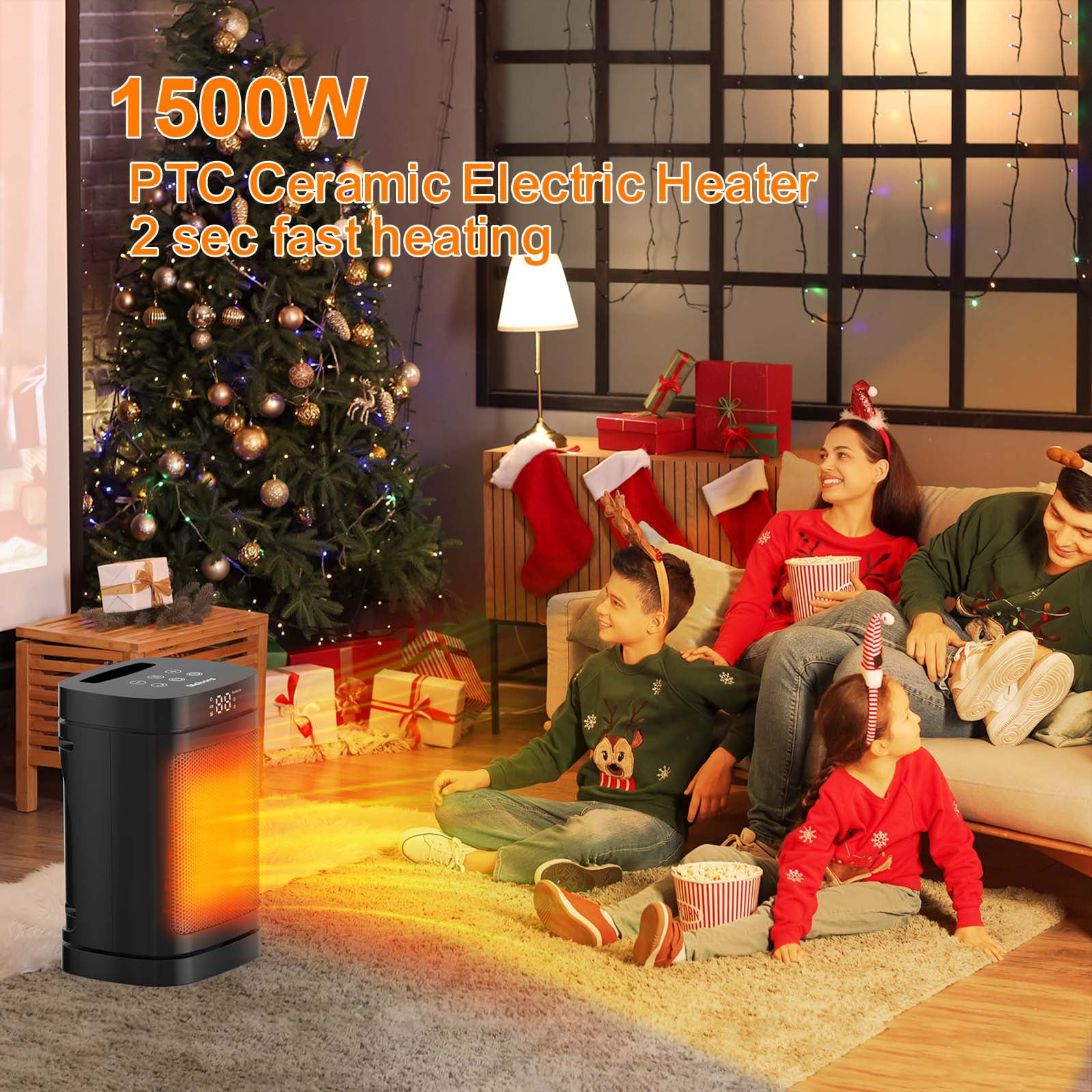 Meibors Compact Indoor Electric Space Heater with Remote Control, 3 Heat Settings, ECO Mode, and Wide-Angle Oscillation (Black, 1500W) j9aln