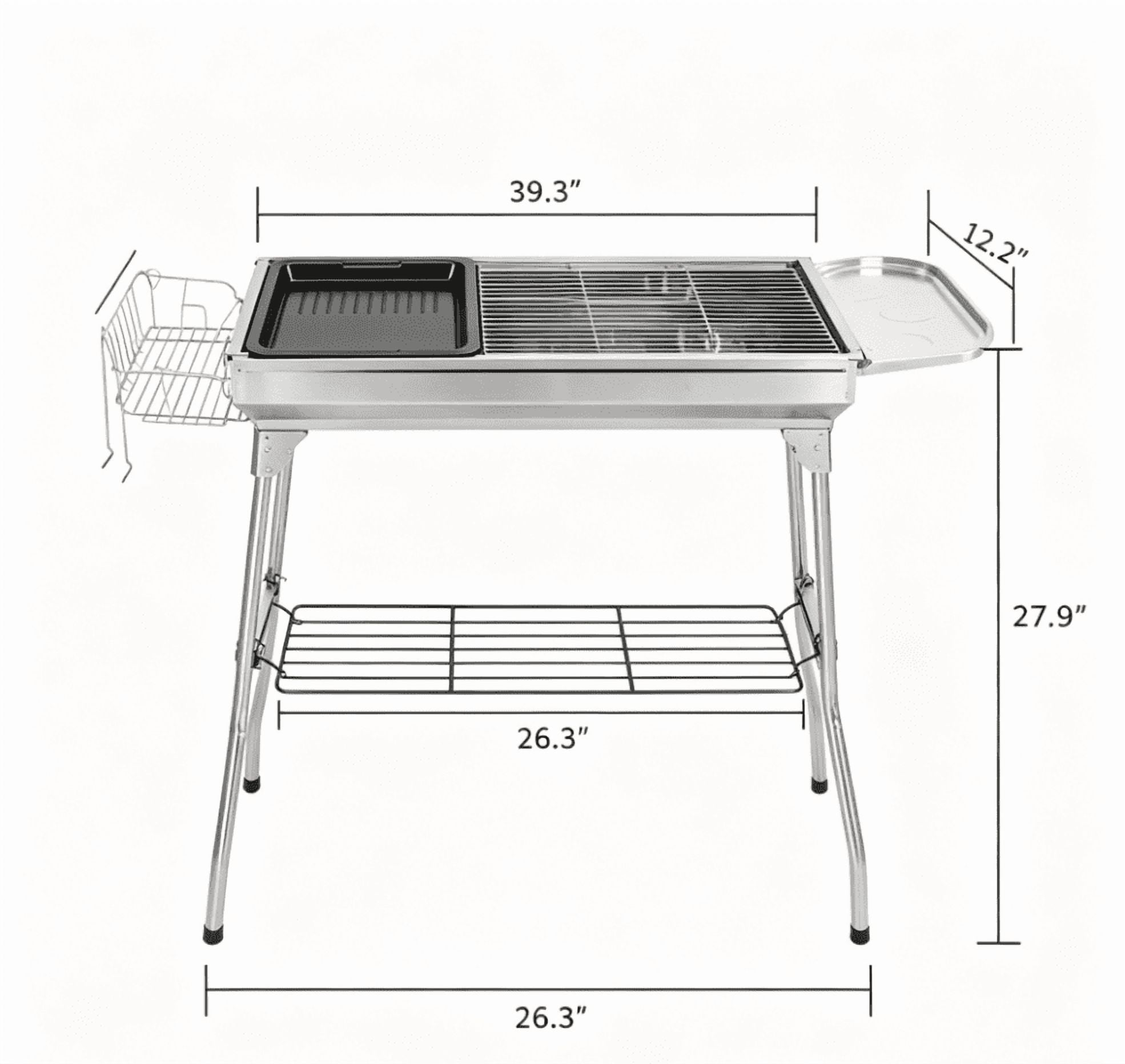 Alvantor Portable Stainless Steel Charcoal Grill, Outdoor BBQ Grill with Storage Shelf and Enamel Tray (Silver, 39.37 in) pzsr1