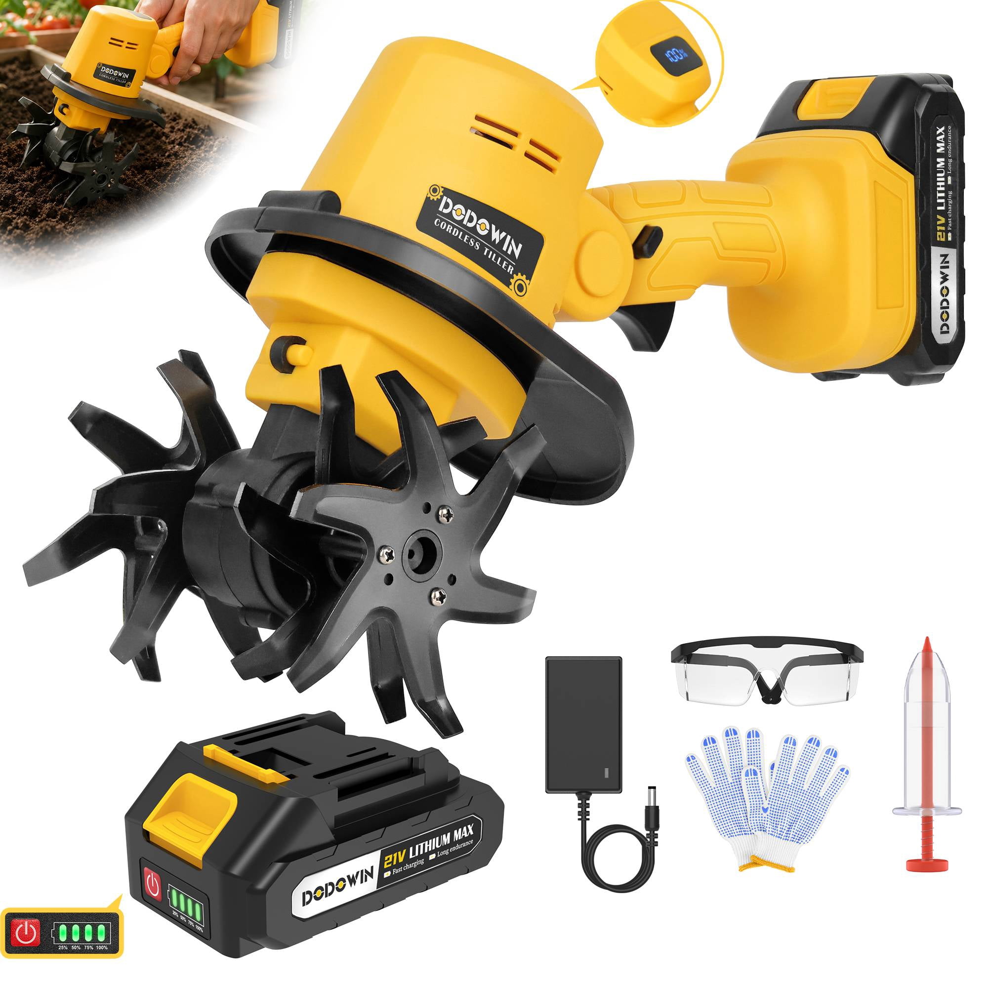 Dodowin Cordless Power Tiller, Lightweight Electric Cultivator for Garden Soil Preparation (1 Battery, 1 Charger) b2hta