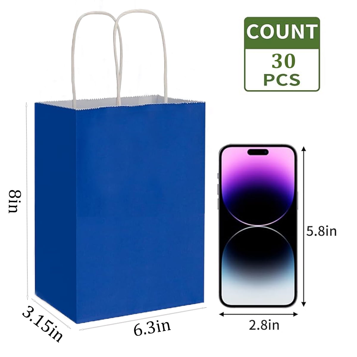Generic Kraft Paper Gift Bags with Handles for Party Favors and Retail (Royal Blue, 30 Pack, 6.3x3.15x8 in) dxgf5
