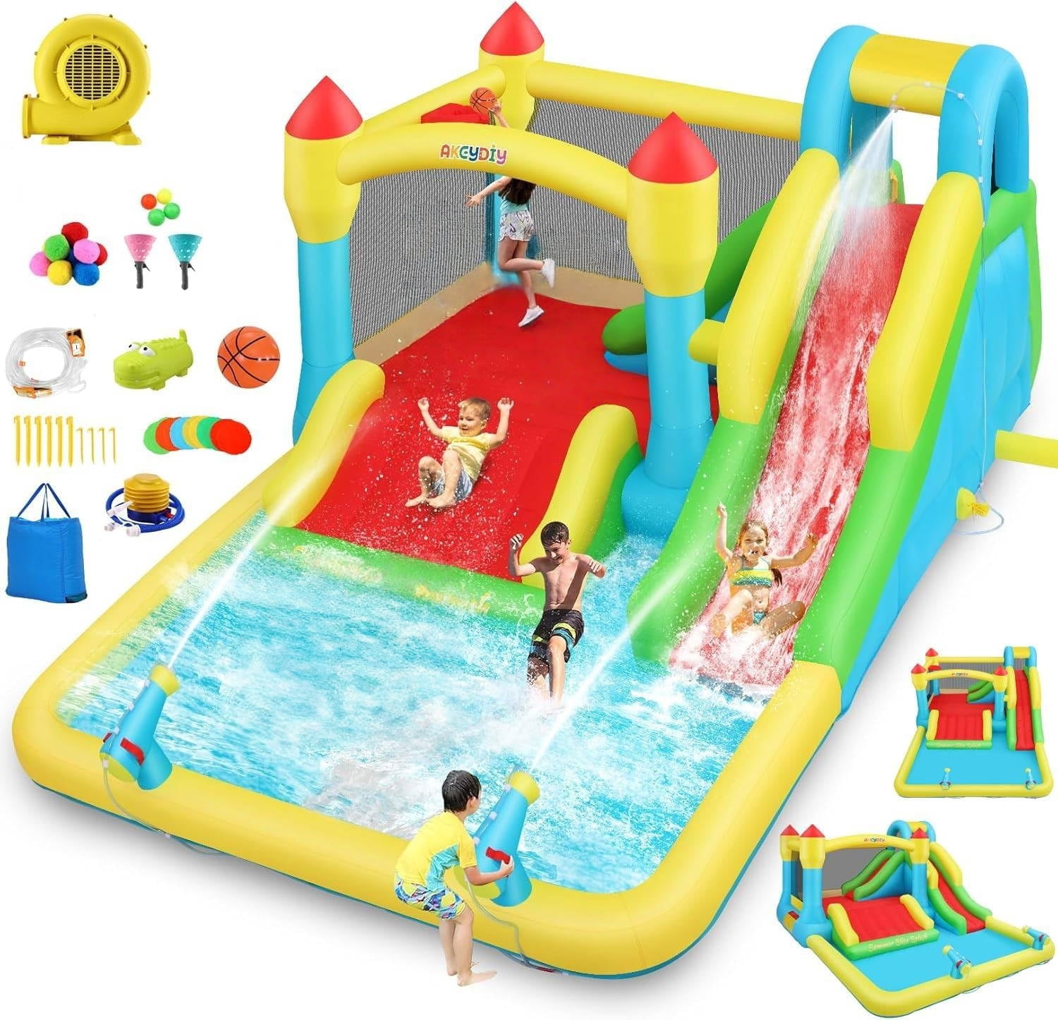 Veeboto Inflatable Water Slide Park with Blower, Bounce House with Climbing Wall and Basketball Hoop (Multi-color, 187 x 133 x 80 in) 0vefp