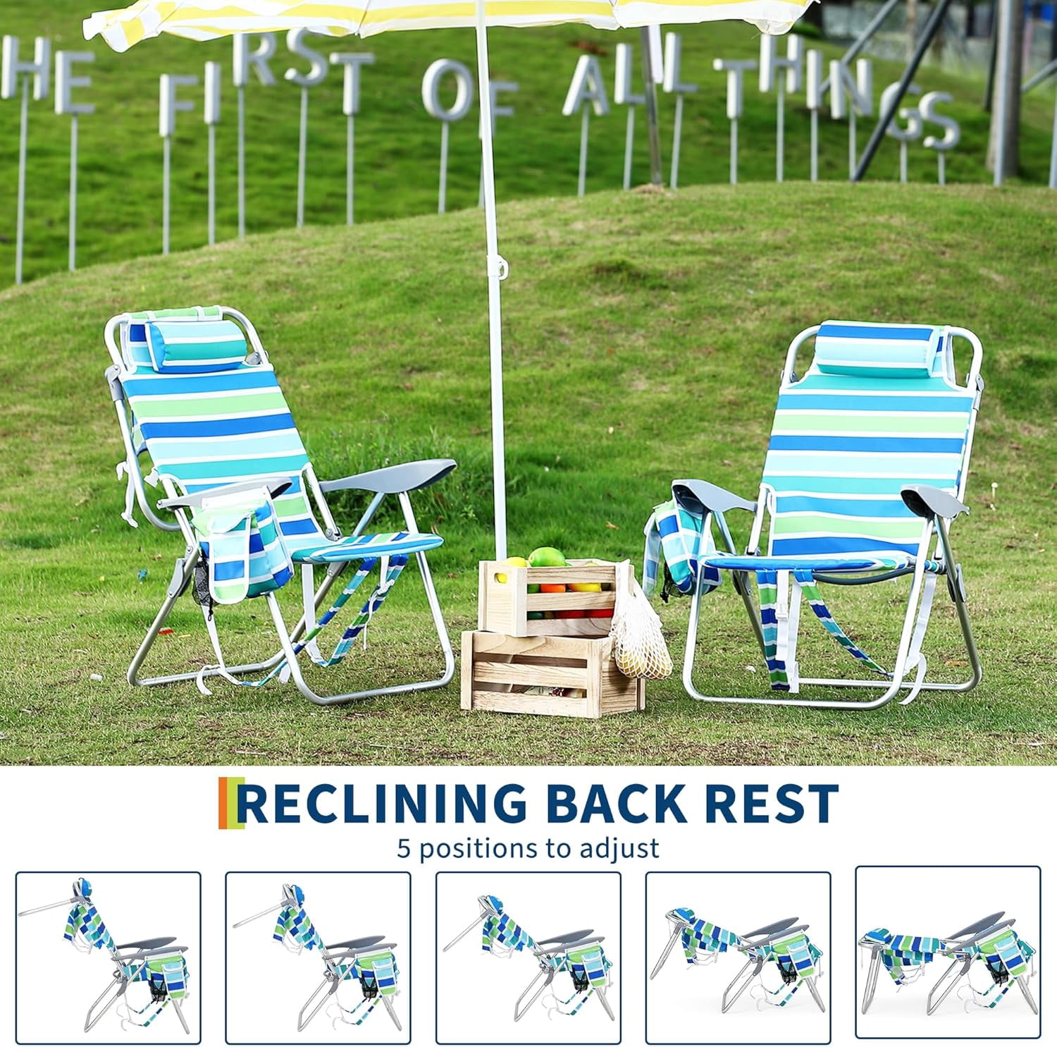 RIEDHOFF Portable Beach Chair with Adjustable Backrest and Cooler Bag (Ocean Striped, Set of 2) w911z