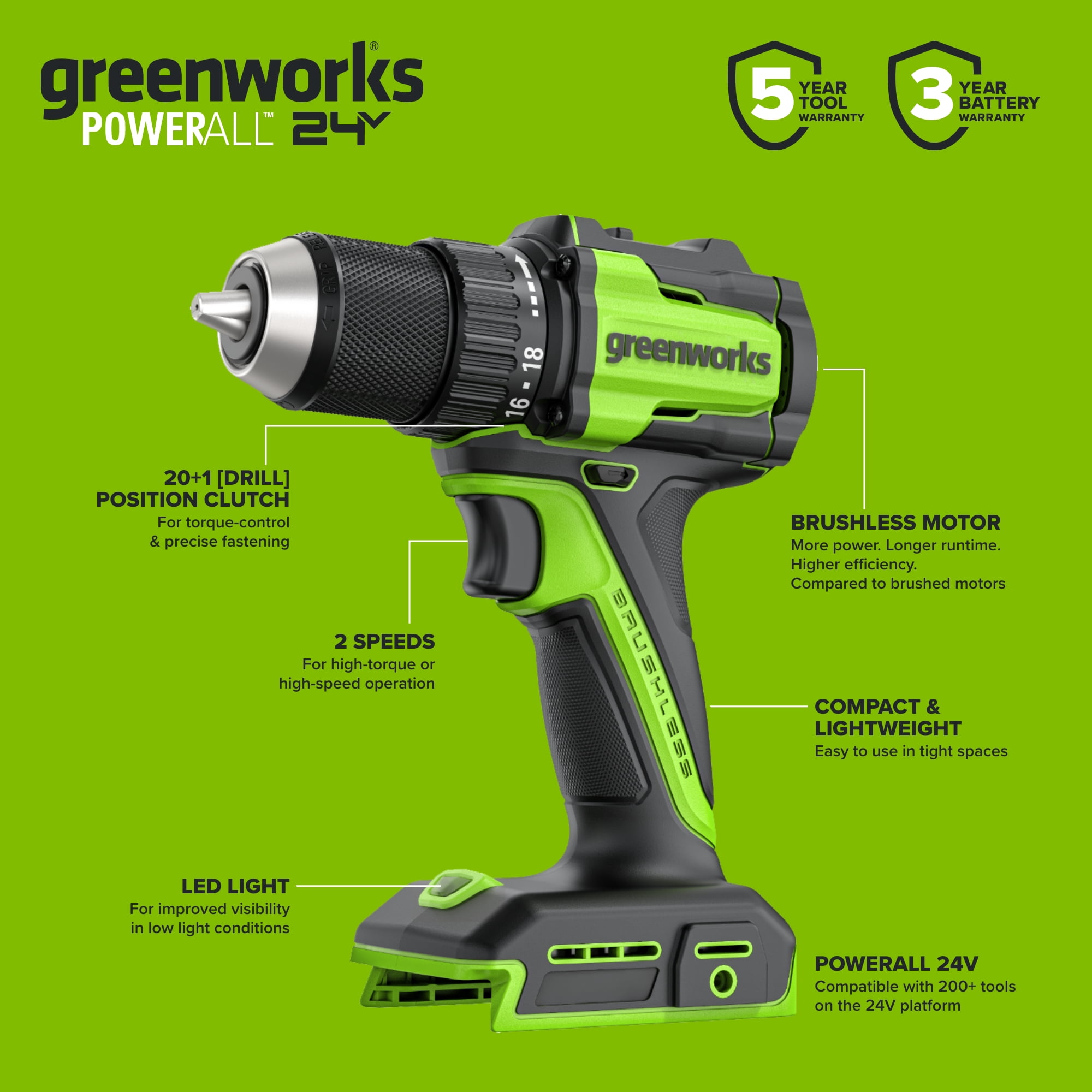 Greenworks 24V Brushless 1/2 in Cordless Drill Driver with 2 Ah Battery and Charger (Black, 2-Speed) doo1f