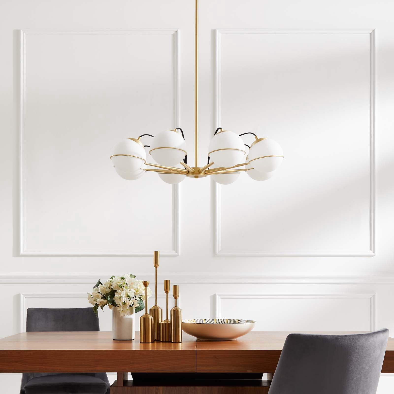 Modway Hanna 8-Light Chandelier Mid-Century Modern Ceiling Fixture (Opal Gold, 31.5 in) 646kk