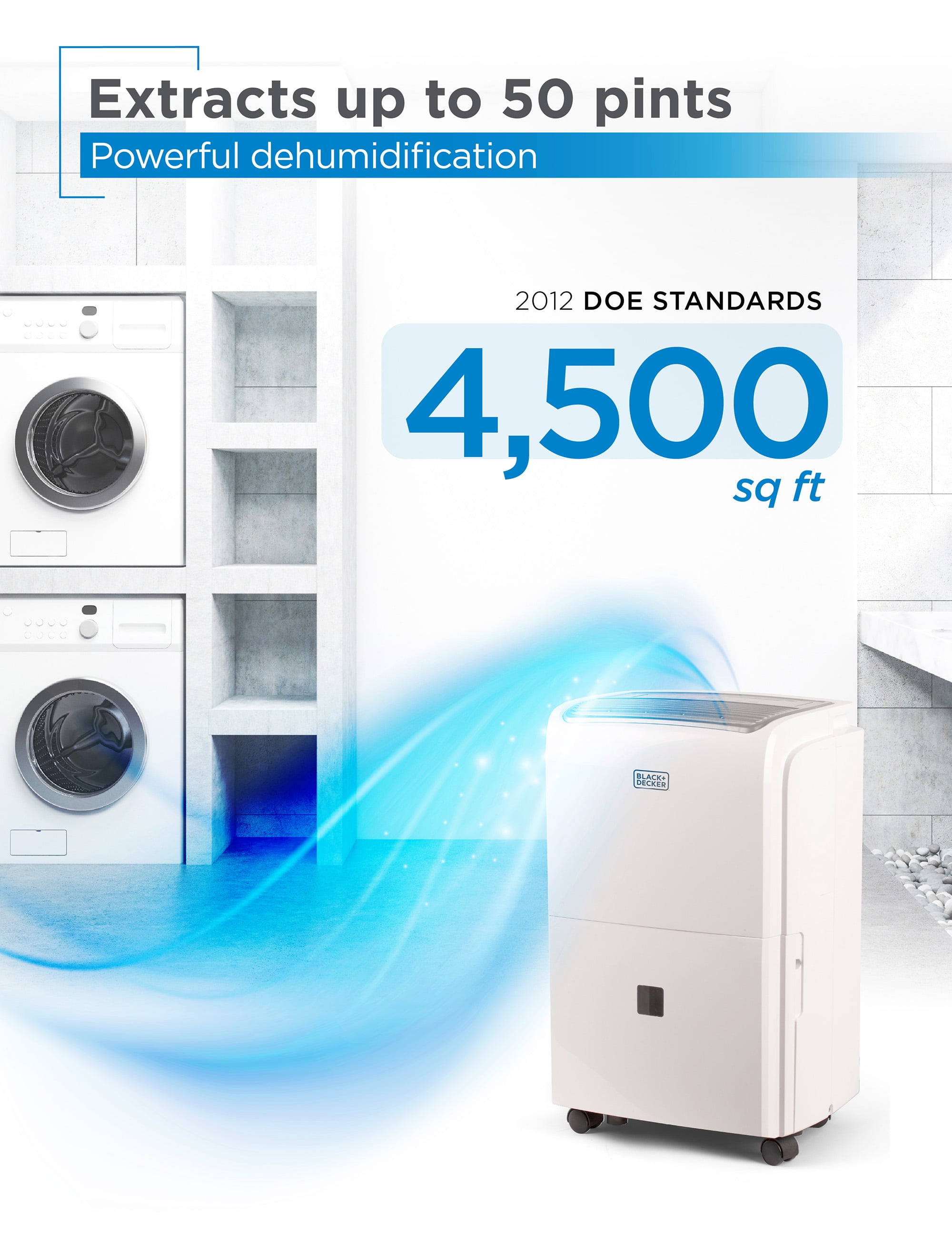 BLACK+DECKER 50 Pint Whole House Dehumidifier with Built-in Pump for 4500 Sq Ft Spaces (White) e4j3j