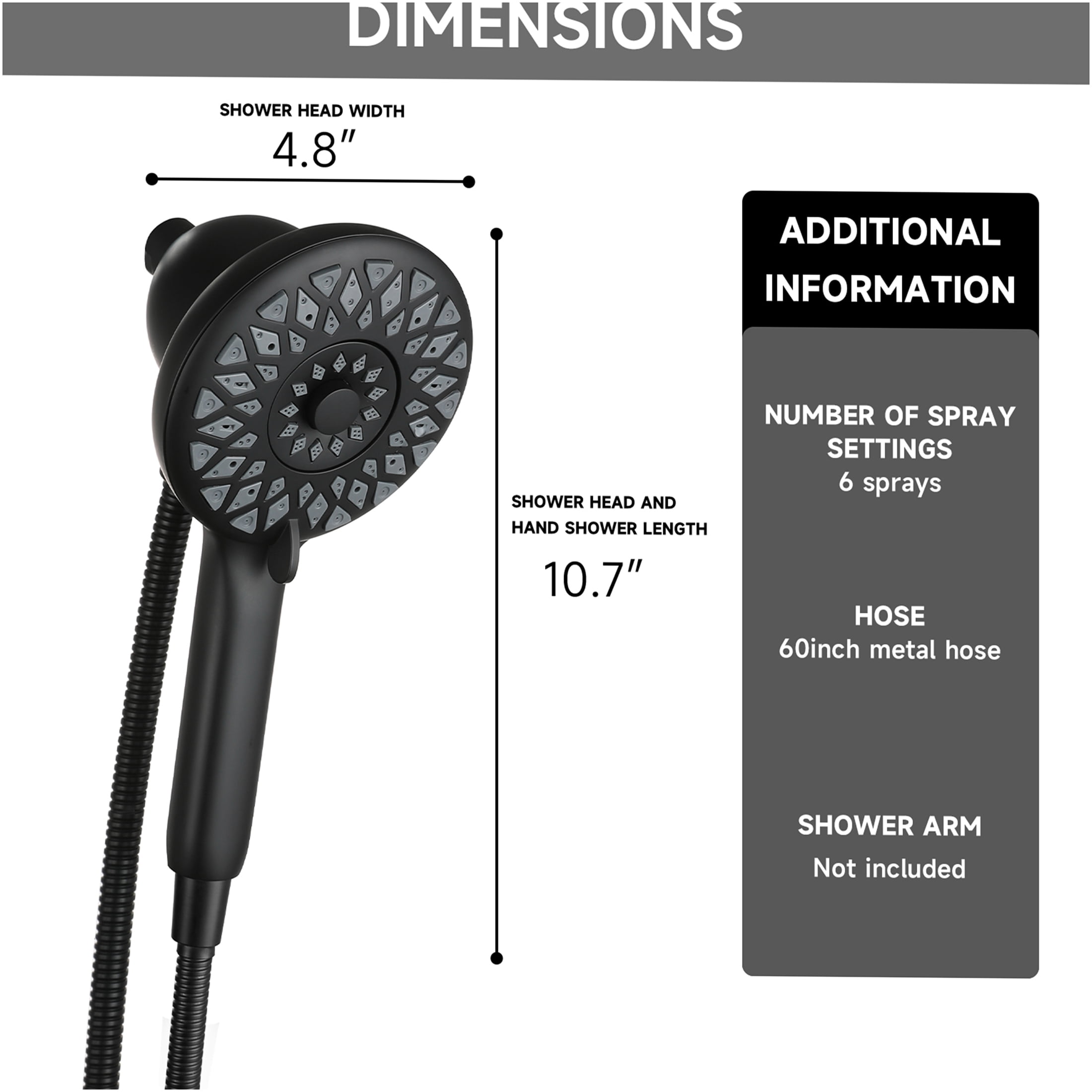 JERFIT Magnetic Handheld Shower Head with 6 Spray Modes and 60 in Stainless Steel Hose (Matte Black, 4.8 in Face) 8hur0