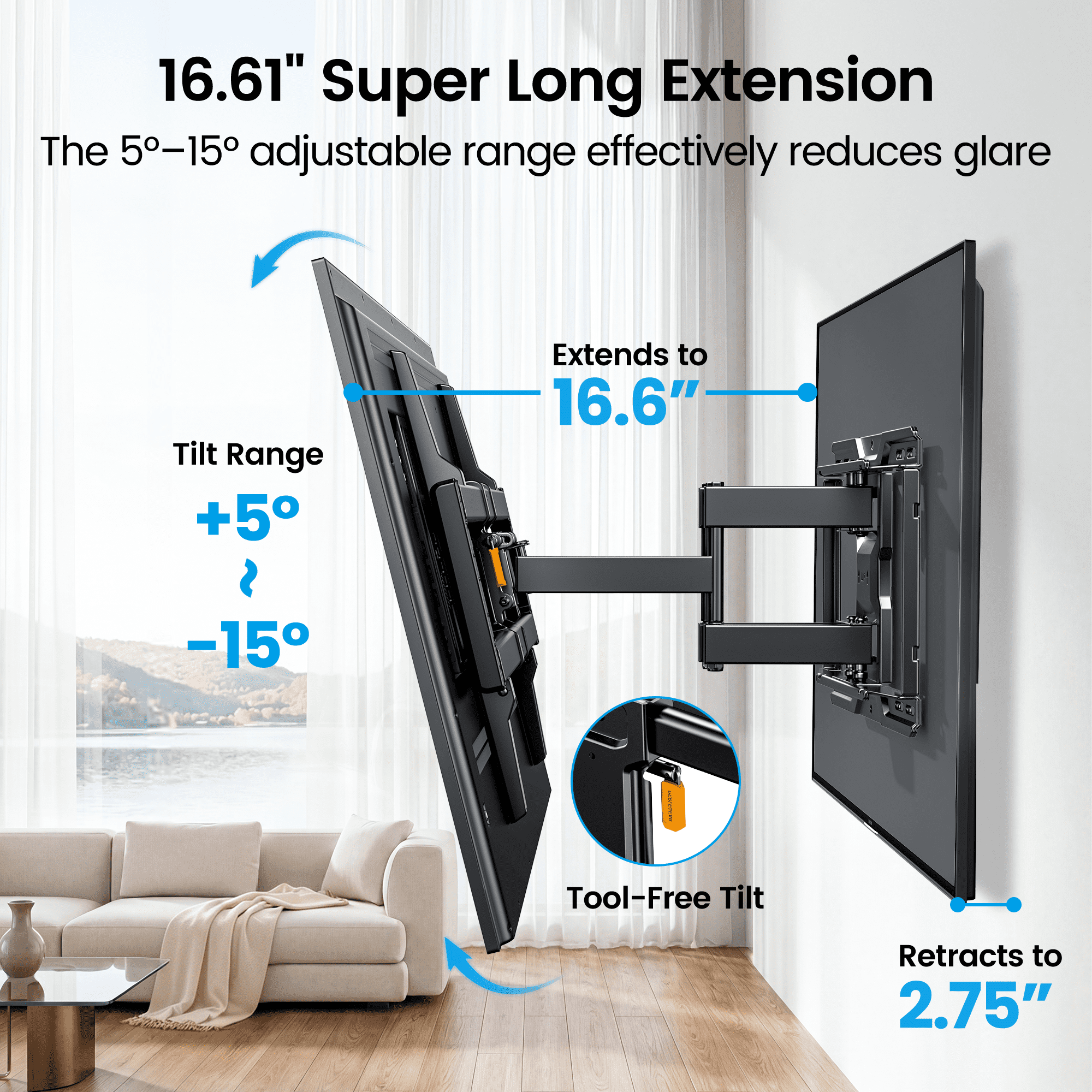 MountFTV Full Motion TV Wall Mount for 42-92 inch TVs, Heavy-Duty Swivel Extension Bracket with Tool-Free Tilt (132 lb Capacity) gagik